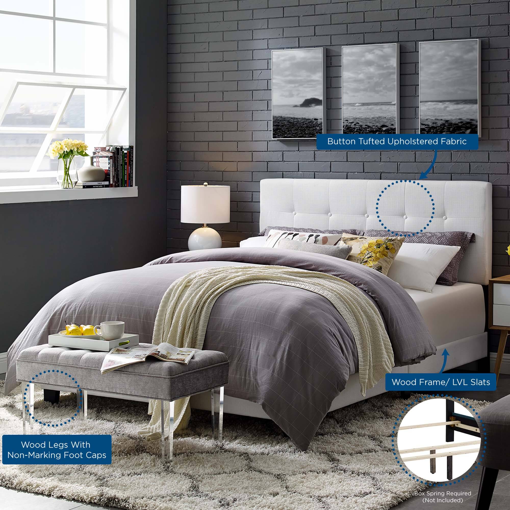 - Button Tufted Upholstered Fabric
- Wood Frame / LVL Slats
- Wood Legs With Non-Marking Foot Caps
- Box Spring Required (Not Included)