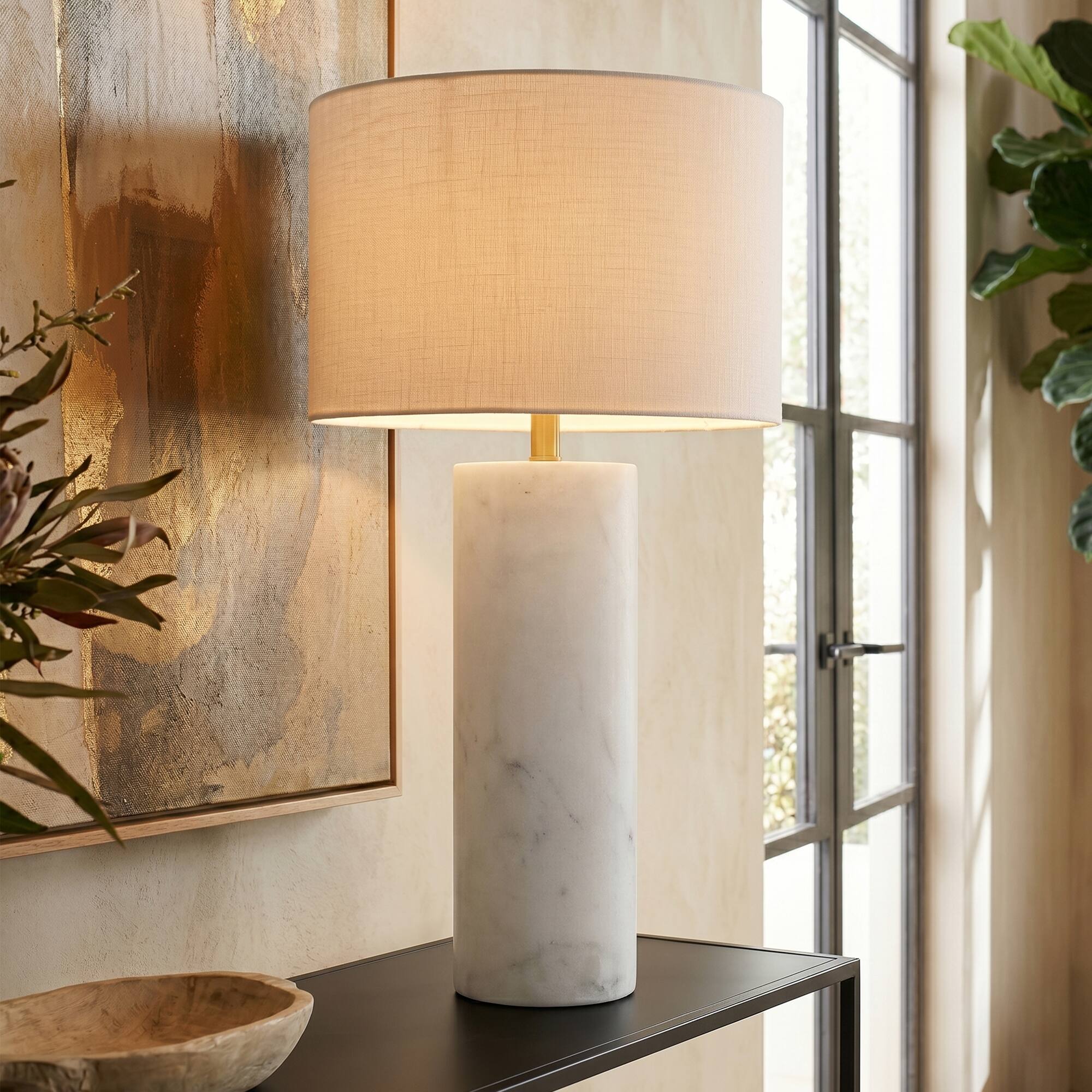 Back. Hudson&Canal - Elise 30" Tall Table Lamp with Fabric Shade in Marble/Brass/White.