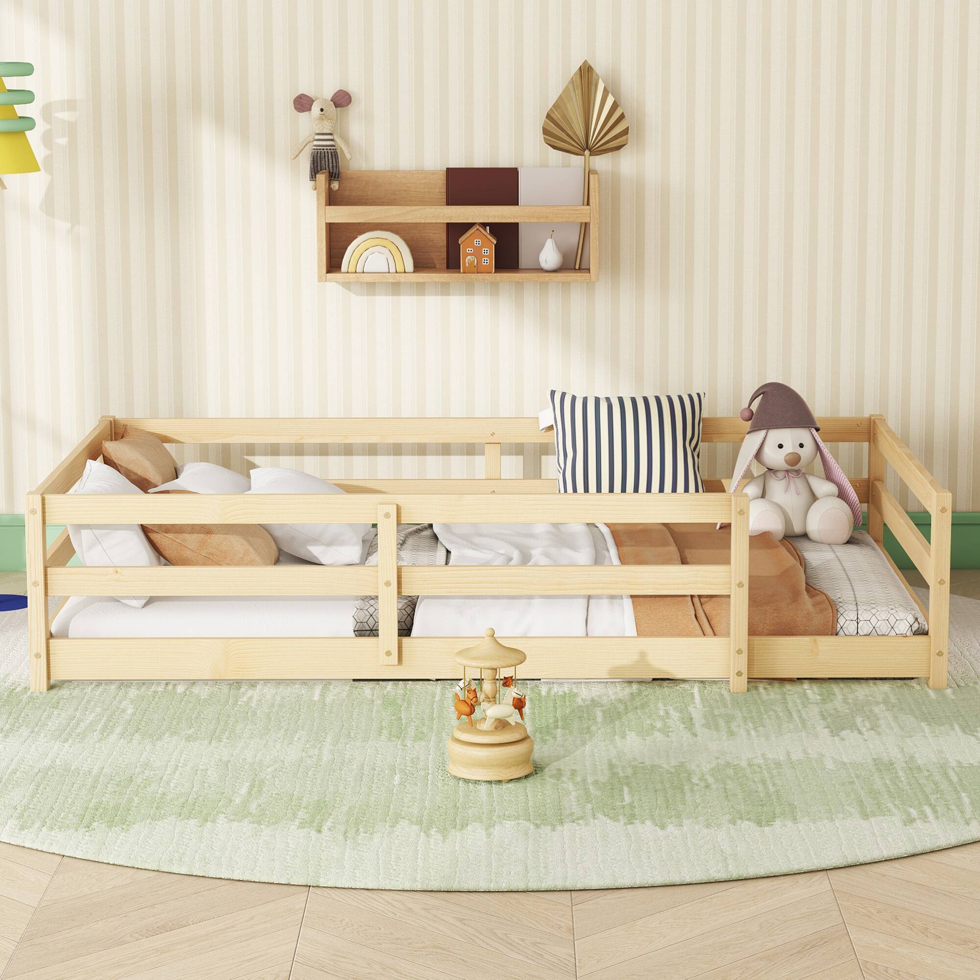 Angle. GOODSILO - Twin Size Floor Bed for Kids with Safety Fence, Sturdy Wooden Montessori Style Bed Frame for Boys and Girls - Oak.