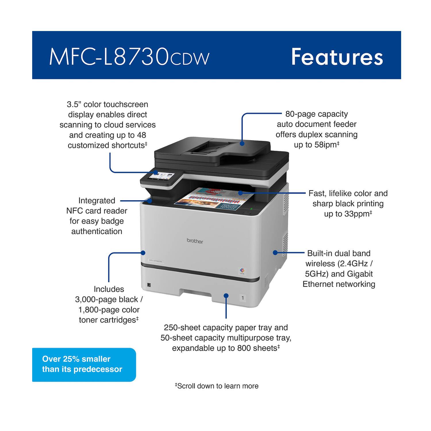 MFC-L8730CDW Features

- 3.5" color touchscreen display enables direct scanning to cloud services and creating up to 48 customized shortcuts*
- 80-page capacity auto document feeder offers duplex scanning up to 58ipm*
- Integrated NFC card reader for easy badge authentication
- Includes 3,000-page black / 1,800-page color toner cartridges*
- Over 25% smaller than its predecessor
- Fast, lifelike color and sharp black printing up to 33ppm*
- Built-in dual band wireless (2.4GHz / 5GHz) and Gigabit Ethernet networking
- 250-sheet capacity paper tray and 50-sheet capacity multipurpose tray, expandable up to 800 sheets*

*Scroll down to learn more
