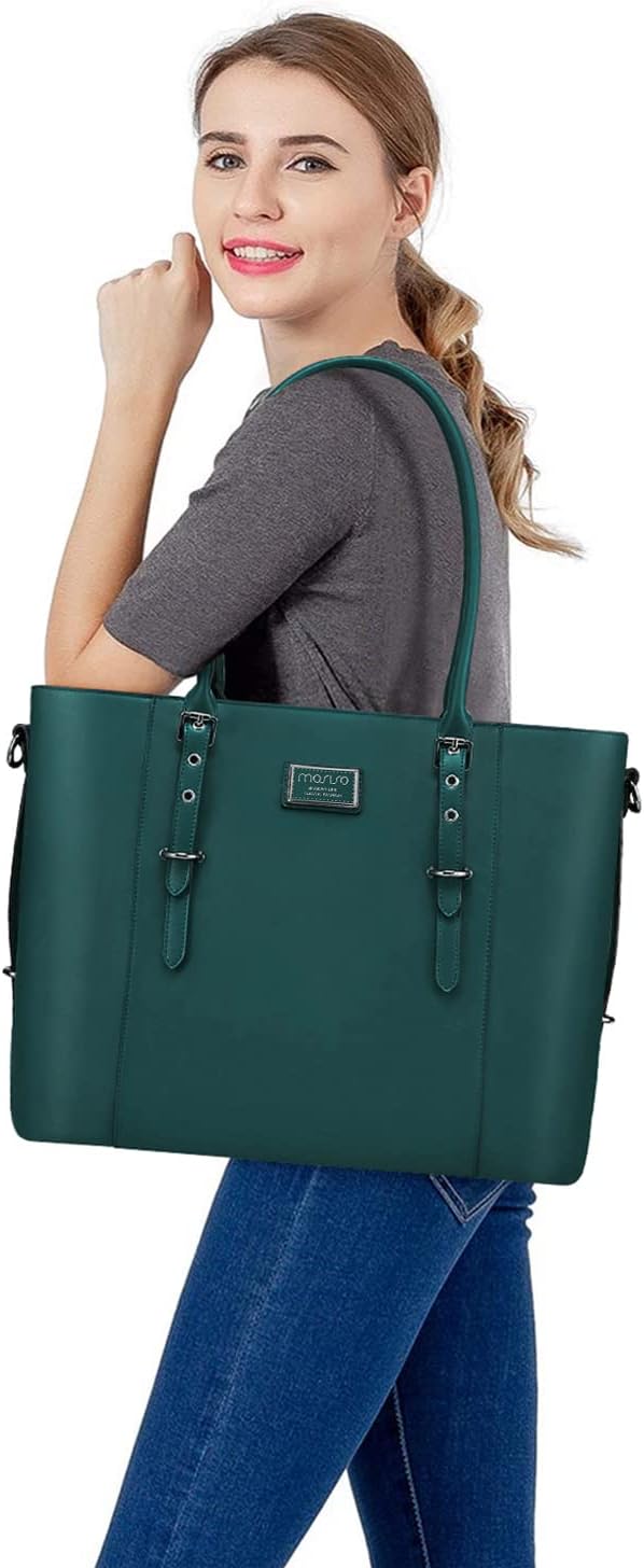 Angle. mosiso - Waterproof PU Leather Laptop Bag for Women 17.3 Inch, Vintage Briefcase Shoulder Tote Computer Bag for Work & Office - Deep Teal.