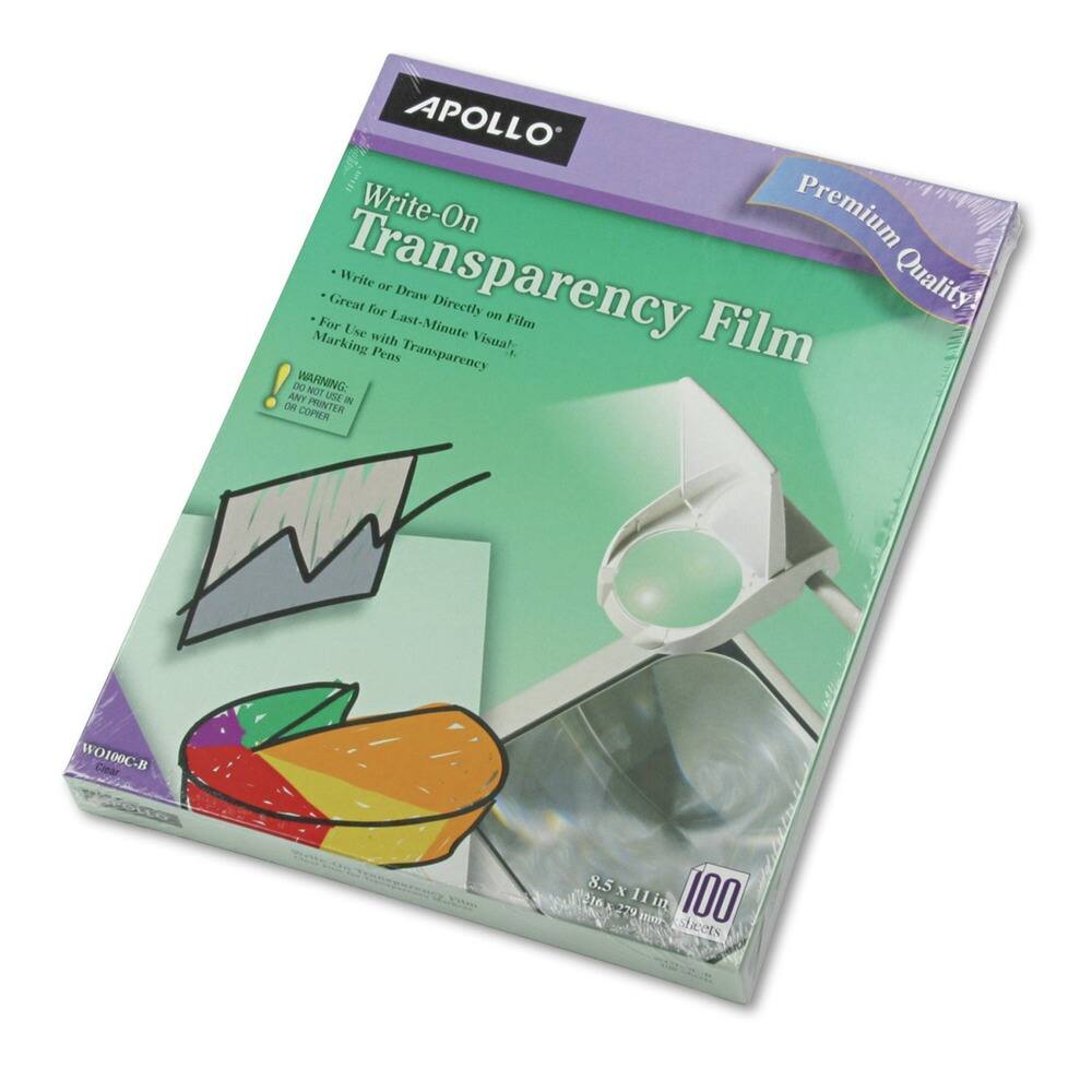 APOLLO' Write-On Transparency Film  
Premium Quality  

Write or Draw Directly on Film  
Great for Last-Minute Visuals  
For Use with Transparency Marking Pens  

WARNING: DO NOT USE IN ANY PRINTER OR COPIER  

8.5 x 11 in  
100 sheets  

WO100C-B