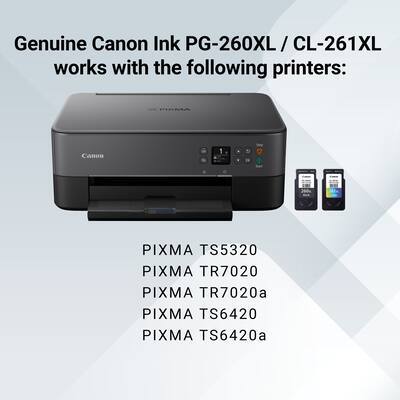 Genuine Canon Ink PG-260XL / CL-261XL works with the following printers:

- PIXMA TS5320
- PIXMA TR7020
- PIXMA TR7020a
- PIXMA TS6420
- PIXMA TS6420a