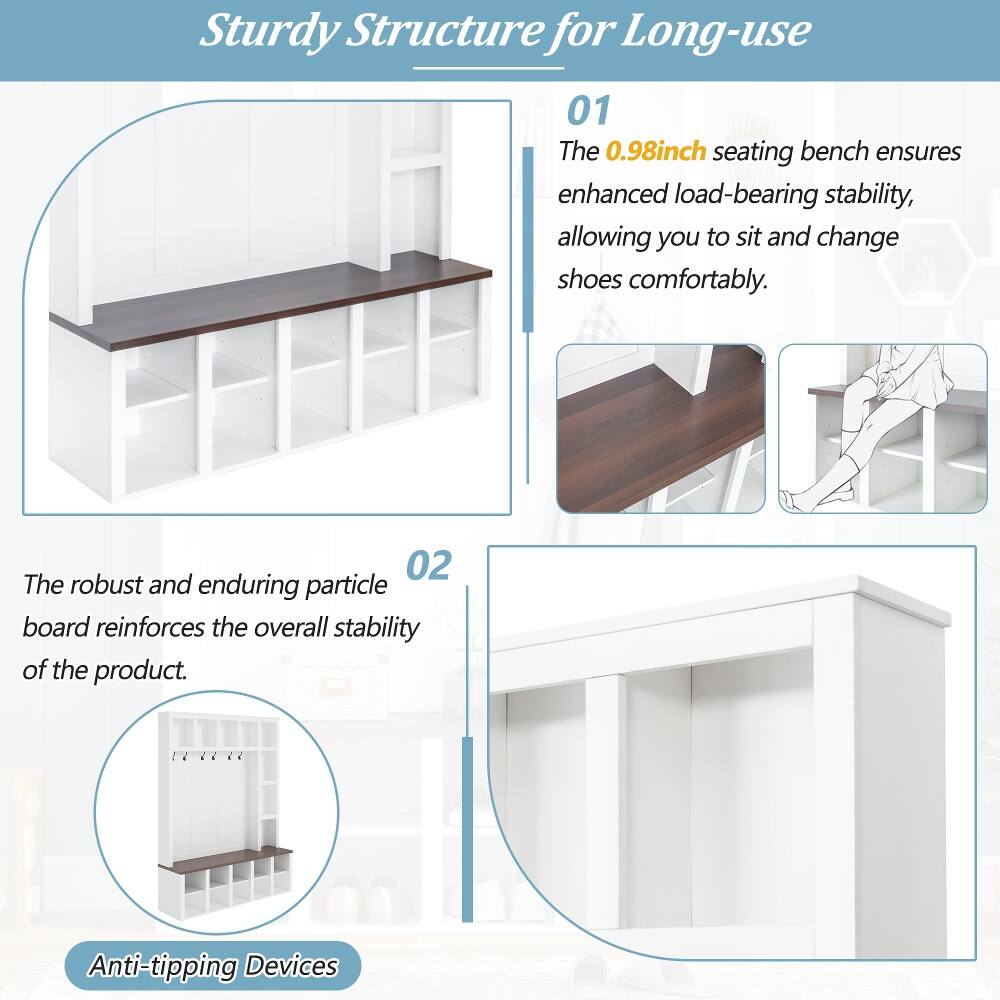 Sturdy Structure for Long-use

01 The 0.98inch seating bench ensures enhanced load-bearing stability, allowing you to sit and change shoes comfortably.

02 The robust and enduring particle board reinforces the overall stability of the product.

Anti-tipping Devices