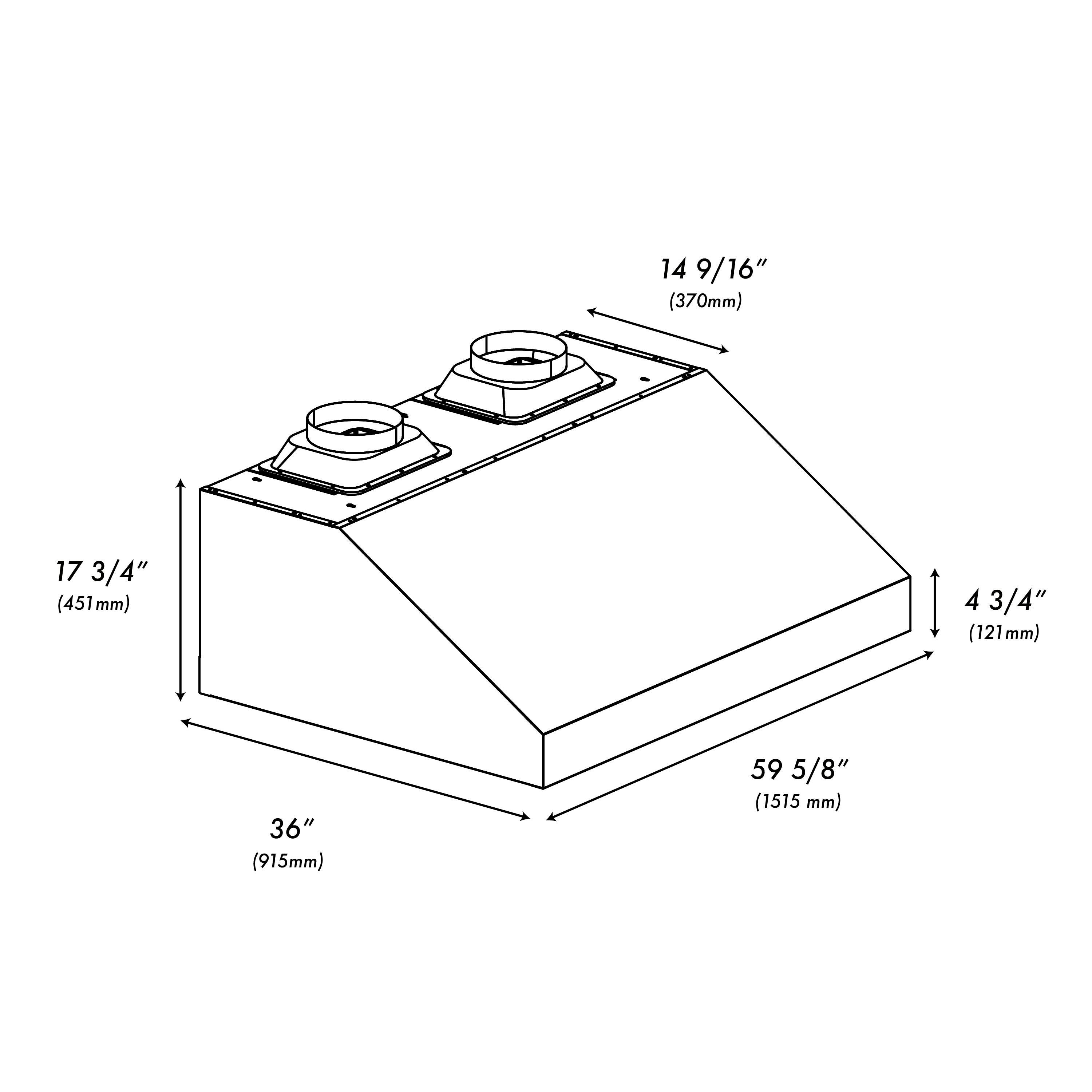 The image shows a drawing of a box with dimensions labeled. The dimensions are: 14 9/16" (370mm), 17 3/4" (451mm), 4 3/4" (121mm), 36" (915mm), and 59 5/8" (1515 mm).