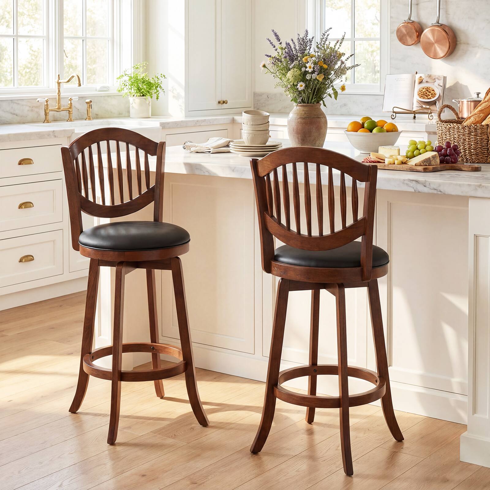 Alt View 3. Costway - Costway Swivel Bar Stools Set of 4, 30" Bar Height Chairs with Backrest and Wood Frame - Brown.