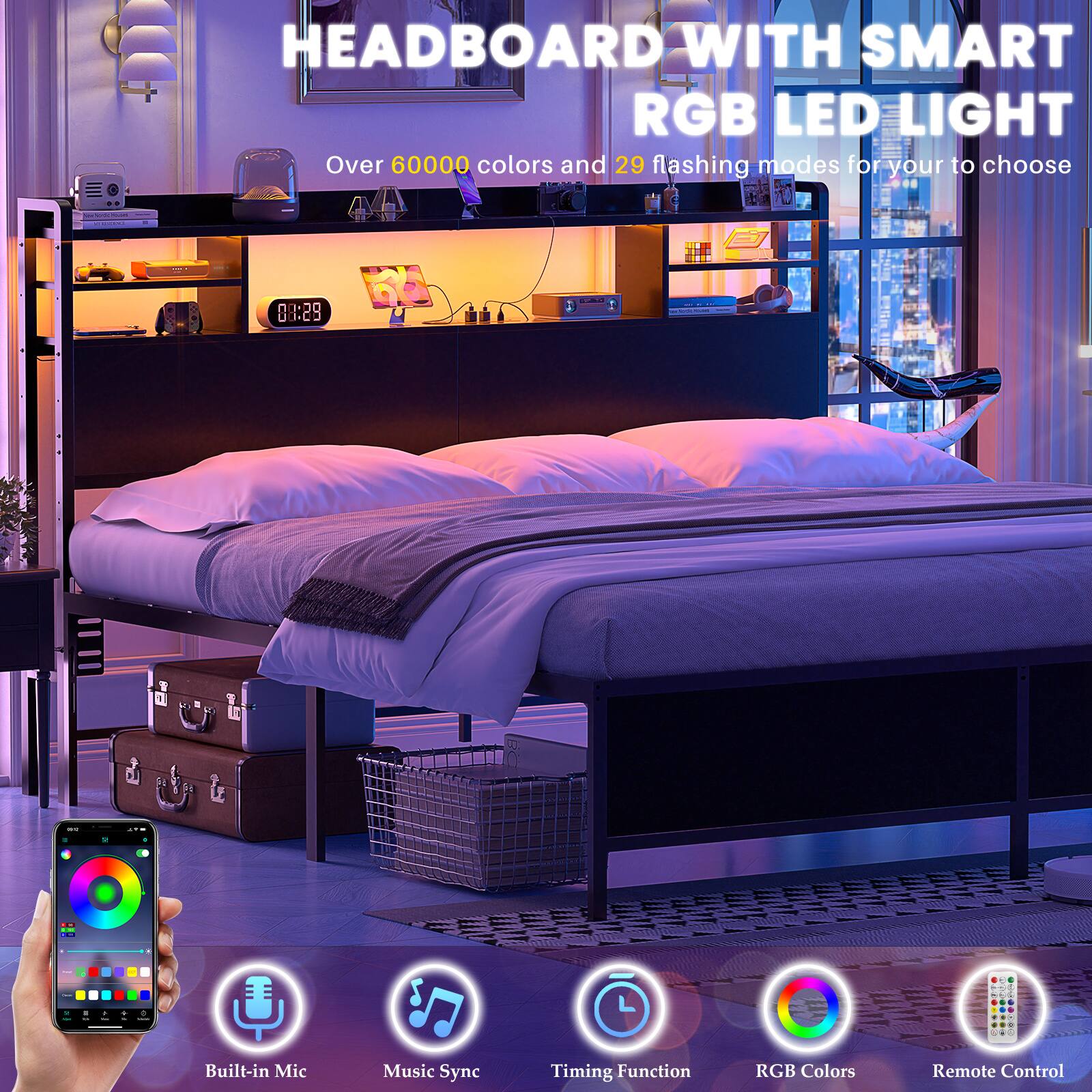 HEADBOARD WITH SMART RGB LED LIGHT

Over 60000 colors and 29 flashing modes for your to choose

Built-in Mic Music Sync Timing Function RGB Colors Remote Control