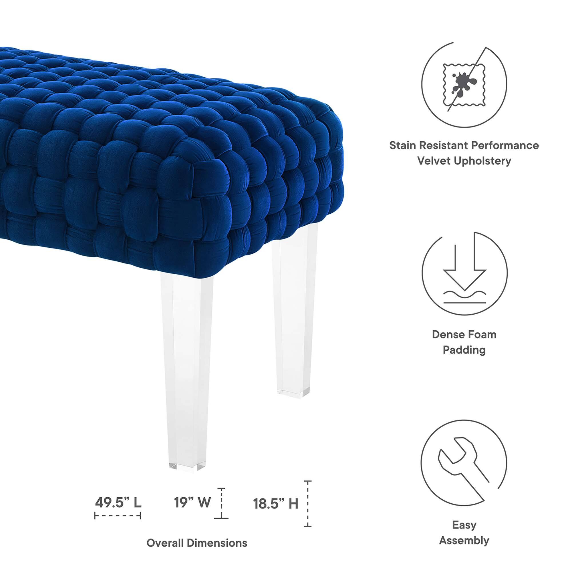 - Stain Resistant Performance Velvet Upholstery
- Dense Foam Padding
- Overall Dimensions: 49.5" L x 19" W x 18.5" H
- Easy Assembly
