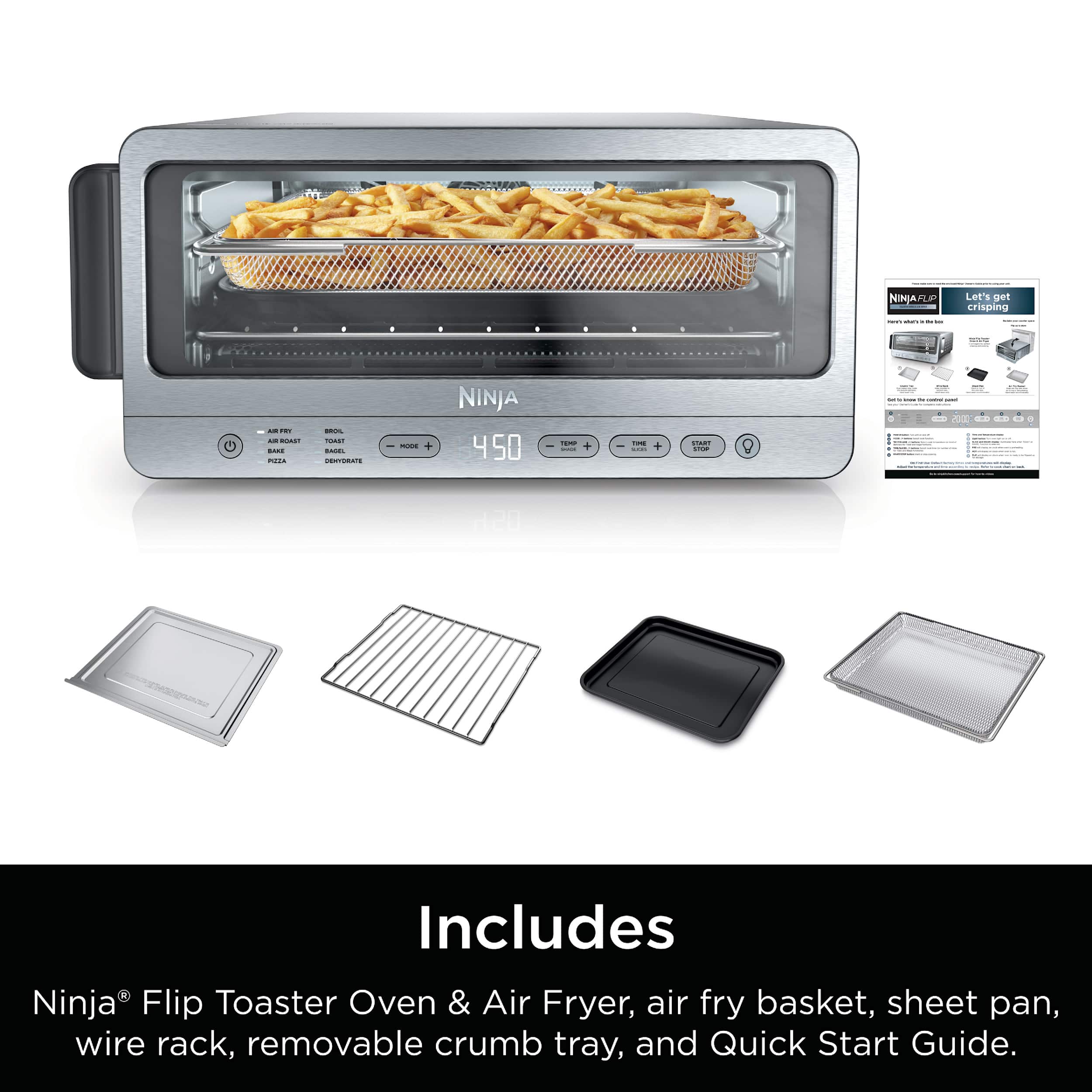 The image features a Ninja Flip Toaster Oven & Air Fryer, which is a versatile appliance that can cook a variety of dishes. It is accompanied by several accessories, such as an air fry basket, a sheet pan, a wire rack, a removable crumb tray, and a Quick Start Guide. These accessories help users make the most of the appliance and ensure that they can cook their food efficiently and safely.
