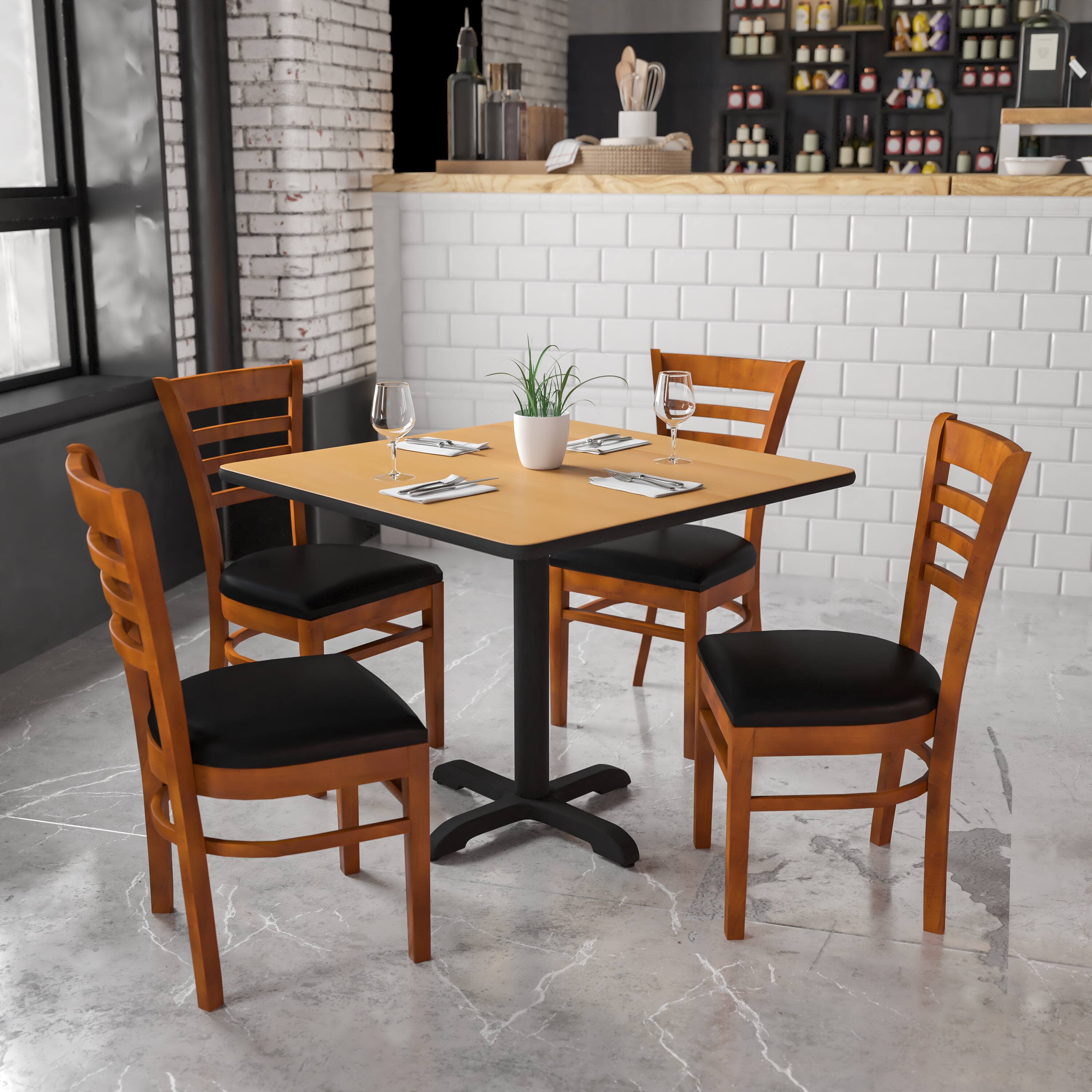 Alt View 1. Emma + Oliver - Ladder Back Wooden Restaurant Dining Chair - Black Vinyl Seat/Cherry Wood Frame.