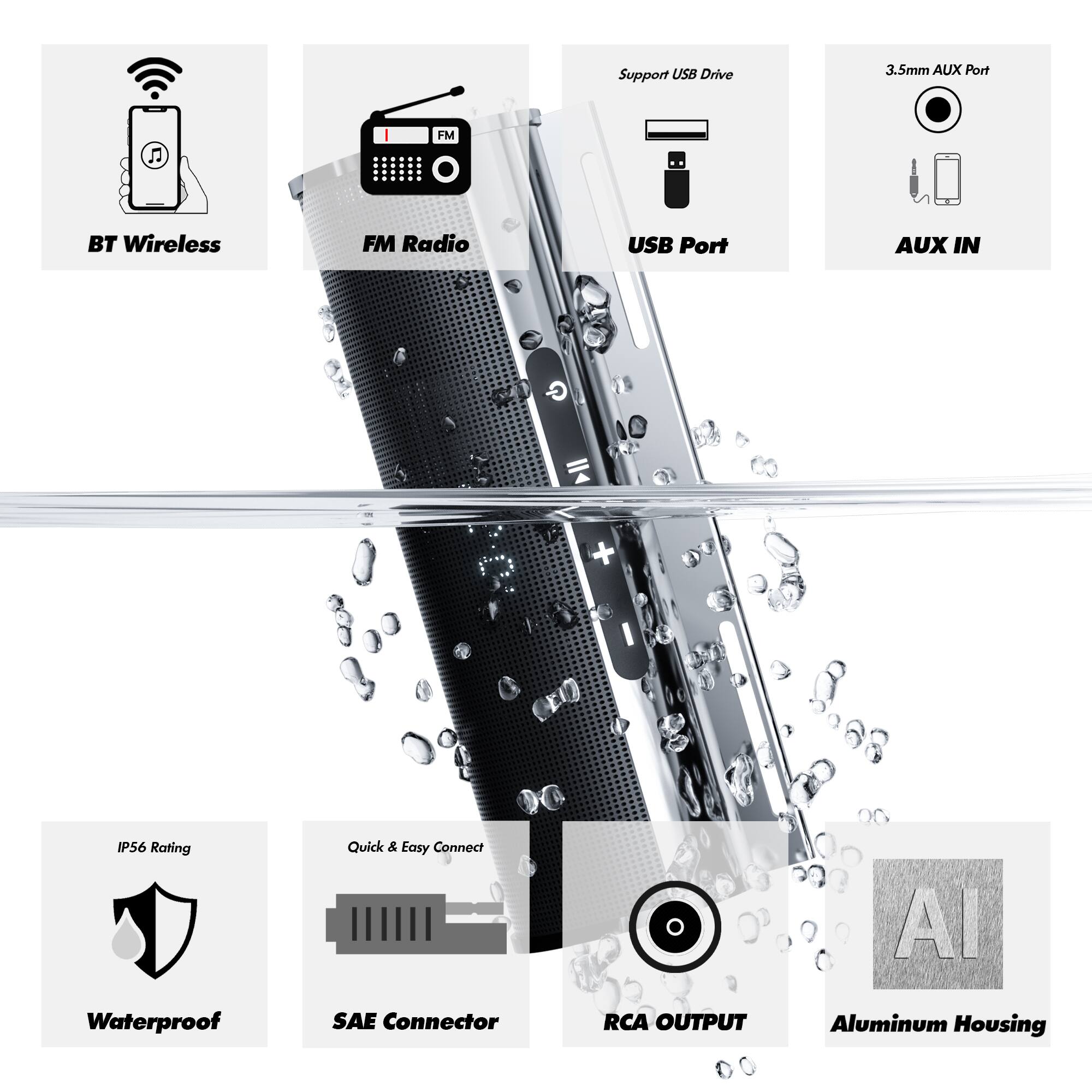 - Support USB Drive
- 3.5mm AUX Port
- FM Radio
- USB Port
- AUX IN
- IP56 Rating
- Quick & Easy Connect
- Waterproof
- SAE Connector
- RCA OUTPUT
- Aluminum Housing