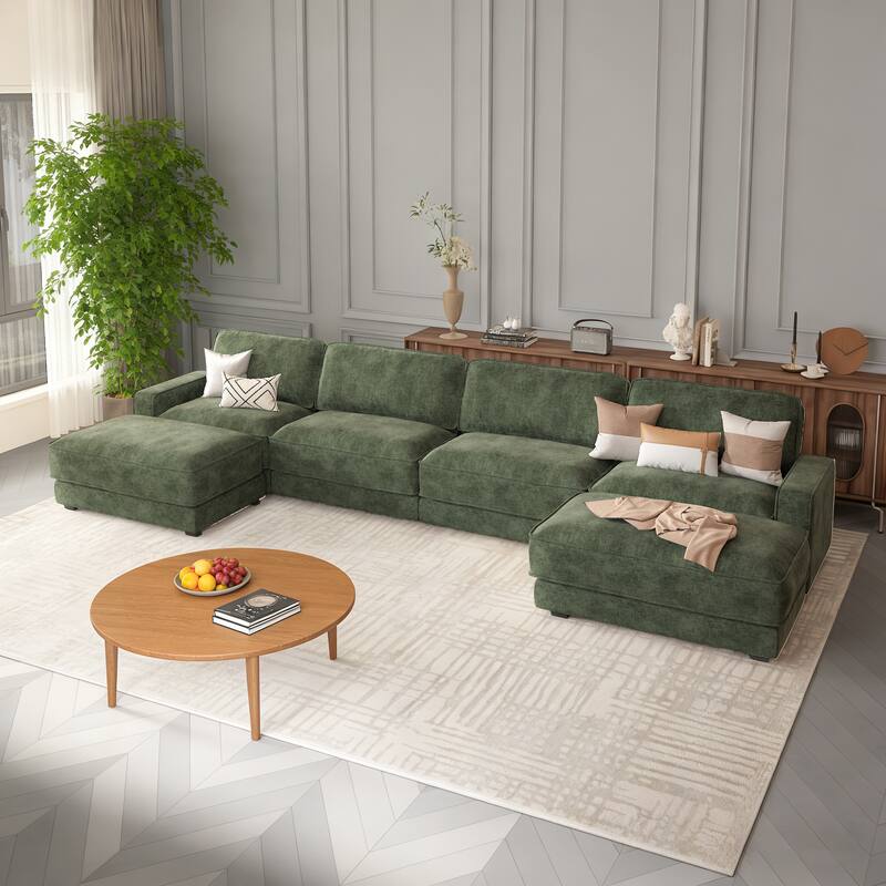 Vipbear - 158" Modular Sectional Sofa, L Shaped Sofa Couch with Reversible Ottoman, Combination Chenille Deep 6-Seat Cloud Couch - Green