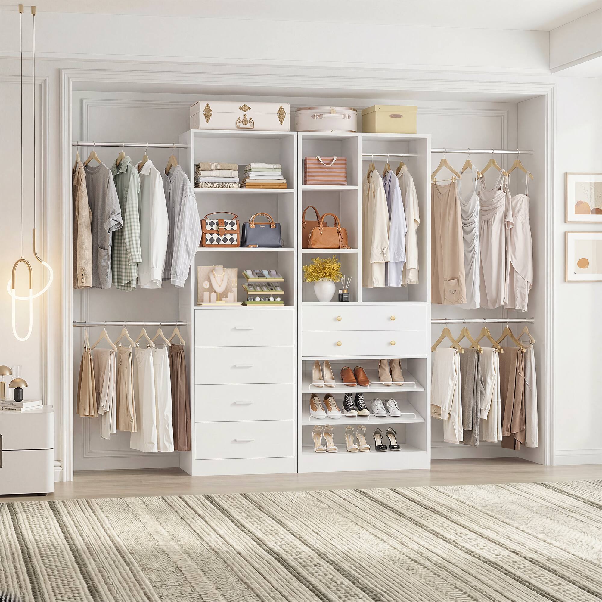 Angle. Aheaplus - 49''-127'' Adjustable Closet Organizer System with 6 Drawers, 4 Hanging Rods, and Shelves - White.