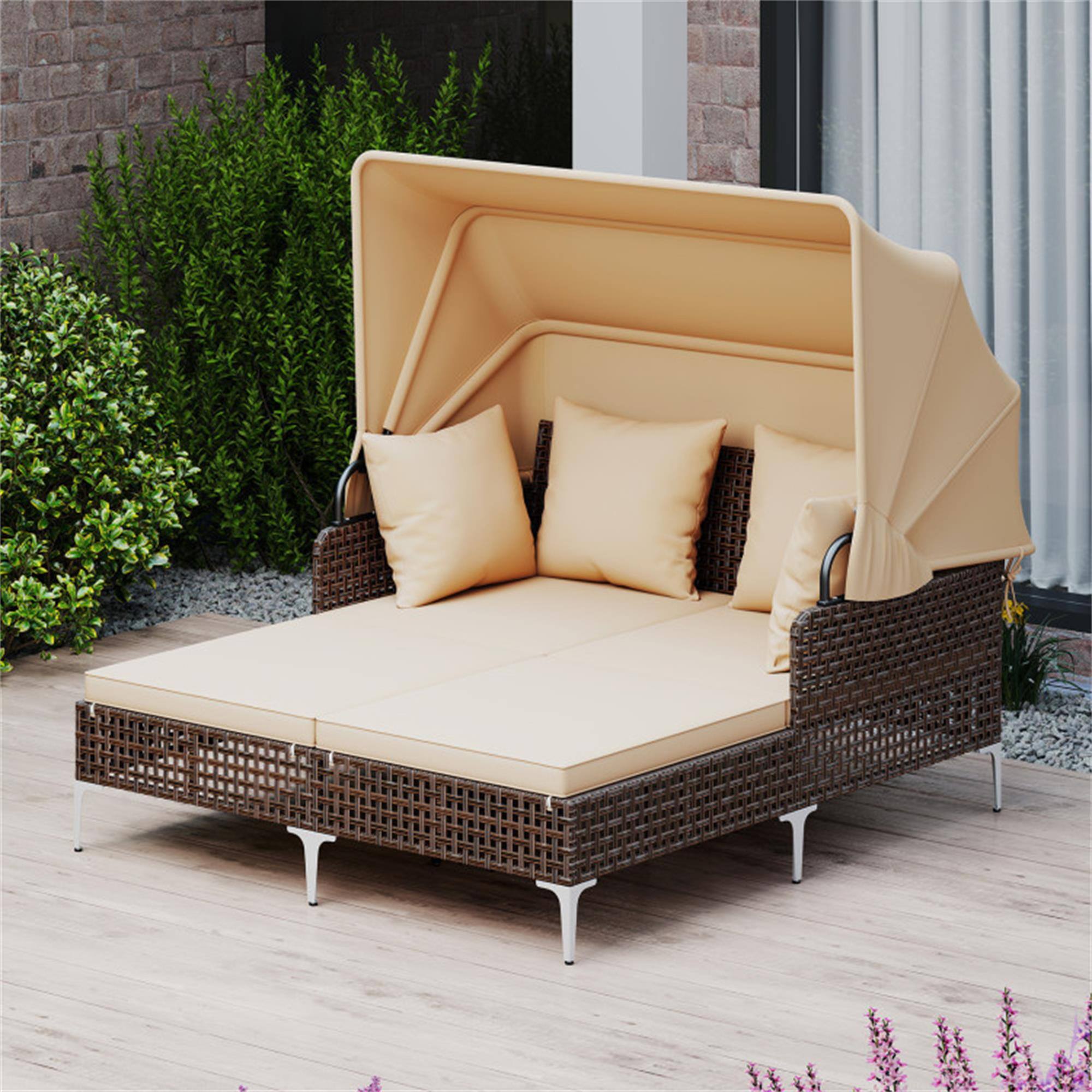Alt View 1. Boyel Living - Brown Outdoor Daybed with Retractable Canopy PE Wicker Rattan Patio Lounger 60in L x 545in W x 525in H - Brown.