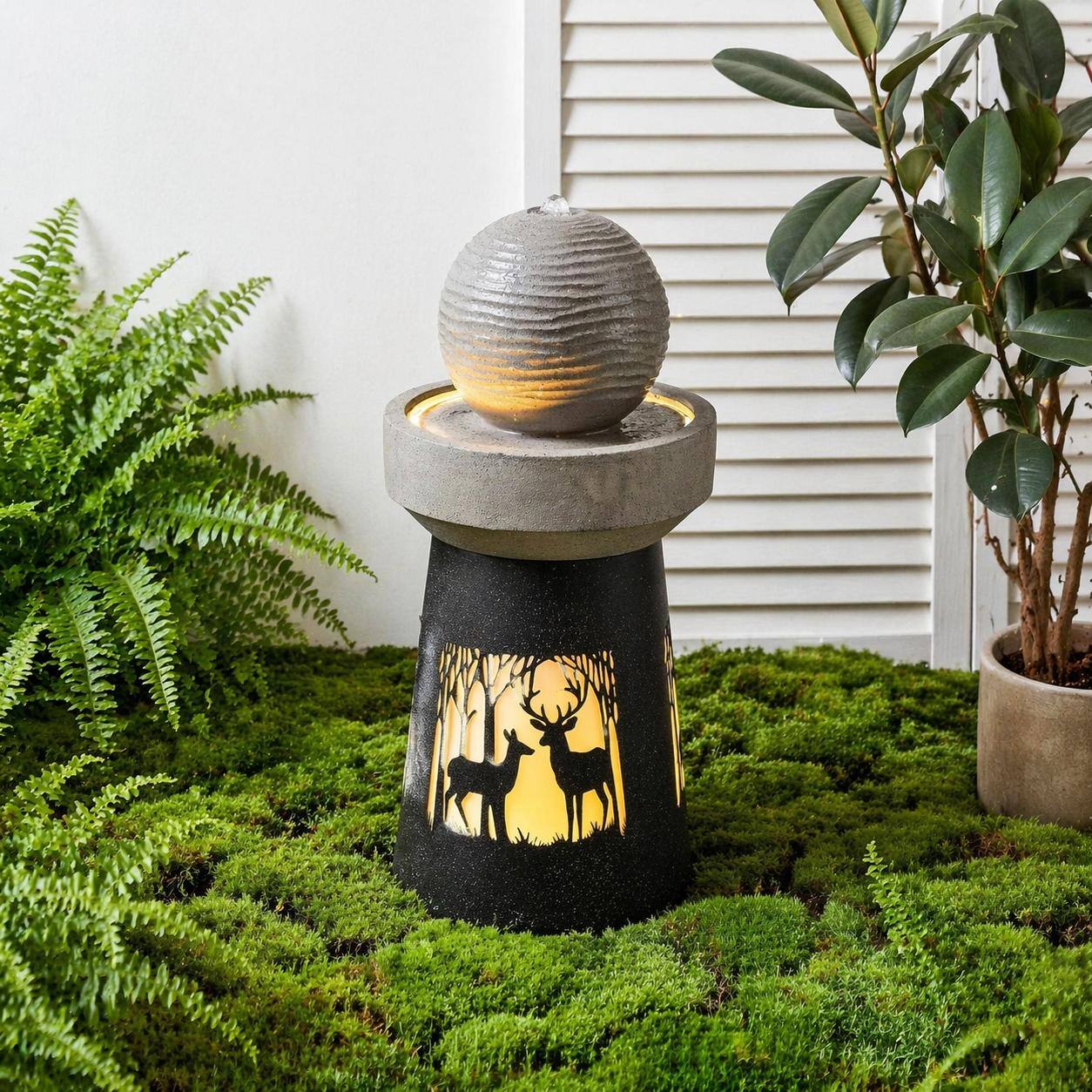 Angle. RYHNUYNE - Outdoor Garden Lantern with Warm LED Light – Deer Silhouette Decorative Landscape Light for Patio, Yard.