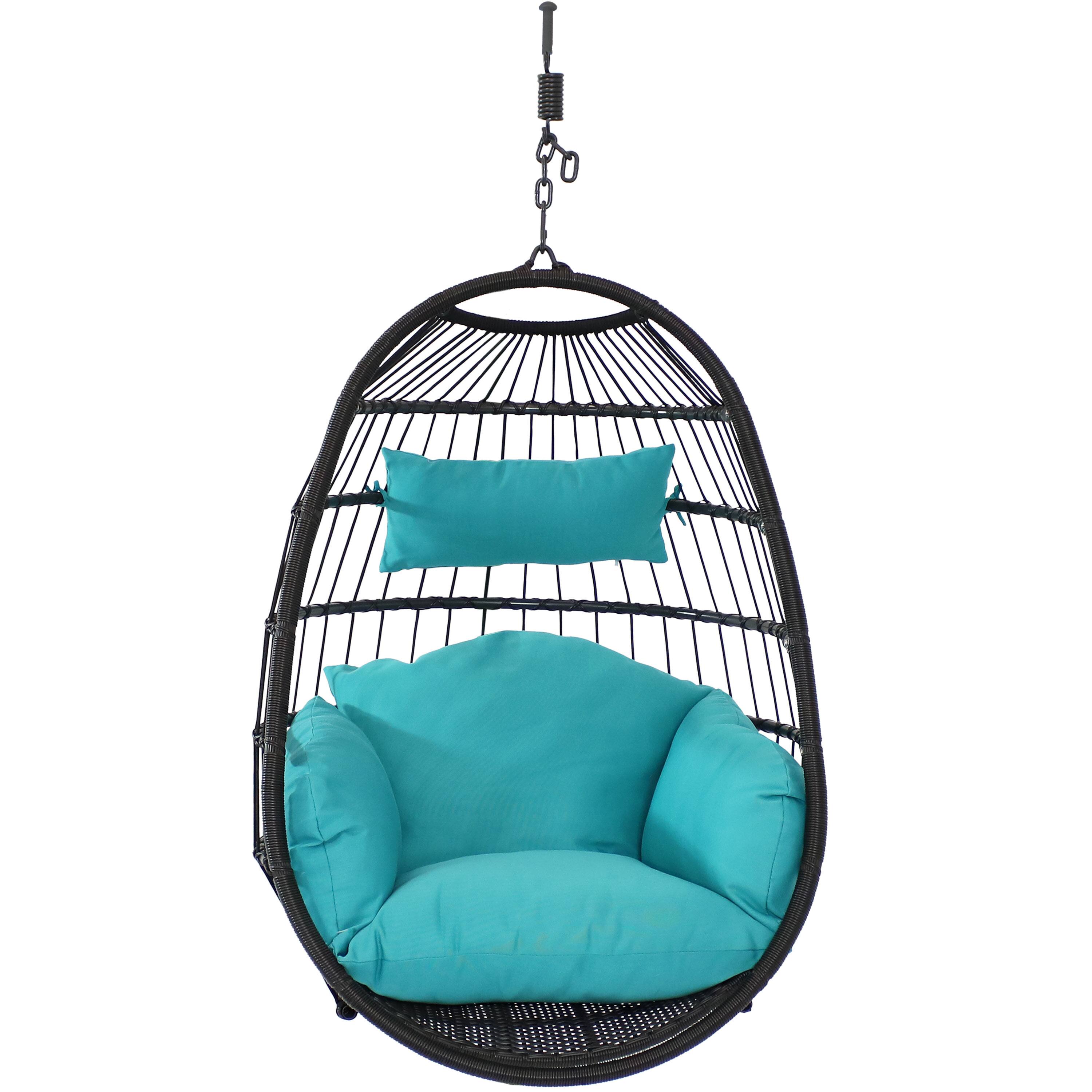 Alt View 6. Sunnydaze - Resin Wicker Hanging Egg Chair with Polyester Cushions - Turquoise Cushions.