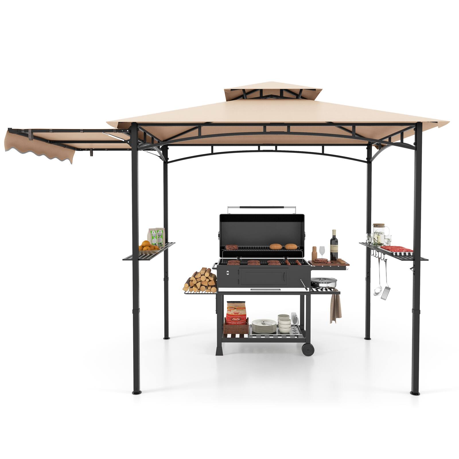 Alt View 9. Gymax - Gymax 11 x 5 FT Grill BBQ Gazebo w/ Side Awning Double-Tiered Top 2 Side Shelves Beige - Beige.