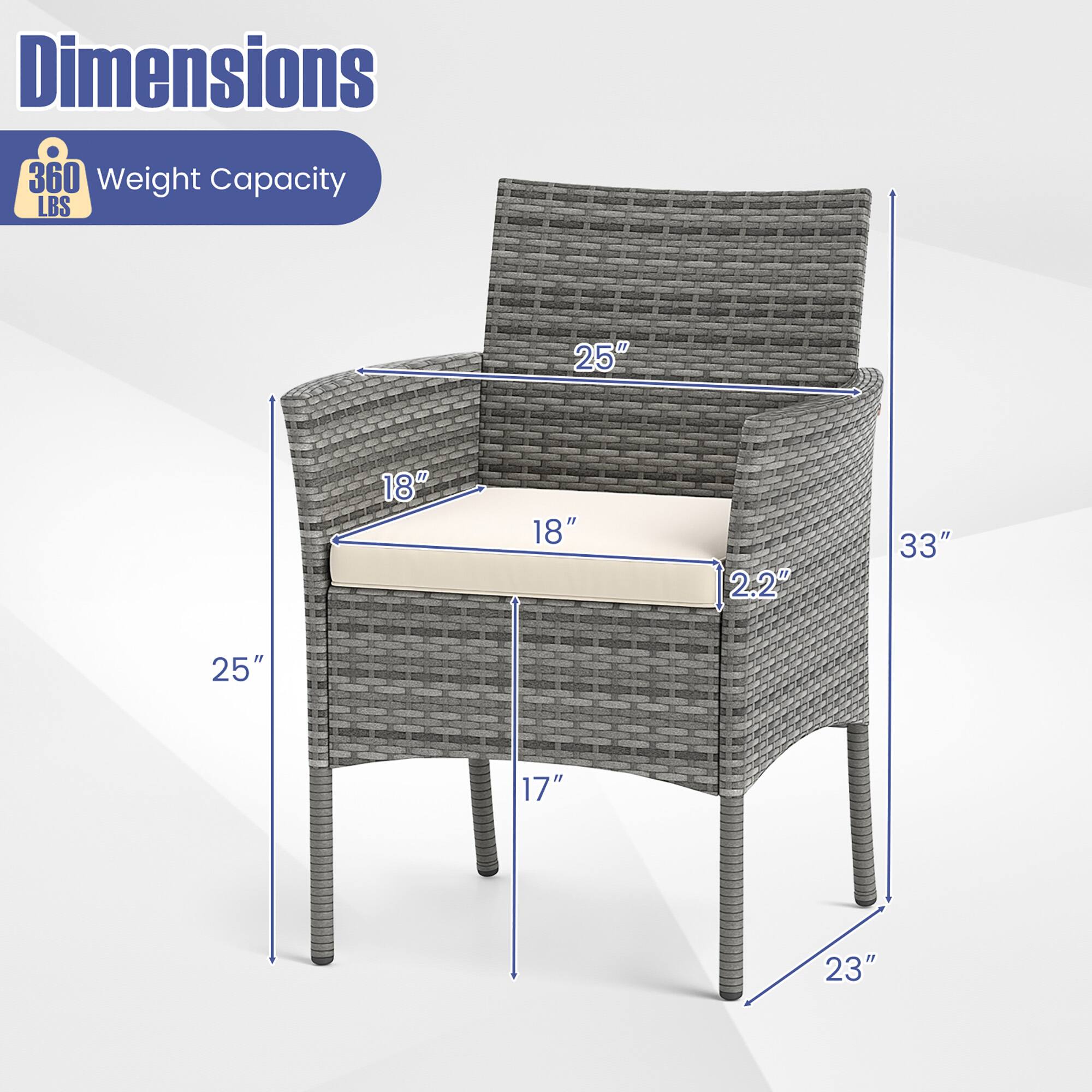 Dimensions  
360 LBS Weight Capacity  

25"  
18"  
18"  
2.2"  
33"  
25"  
17"  
23"