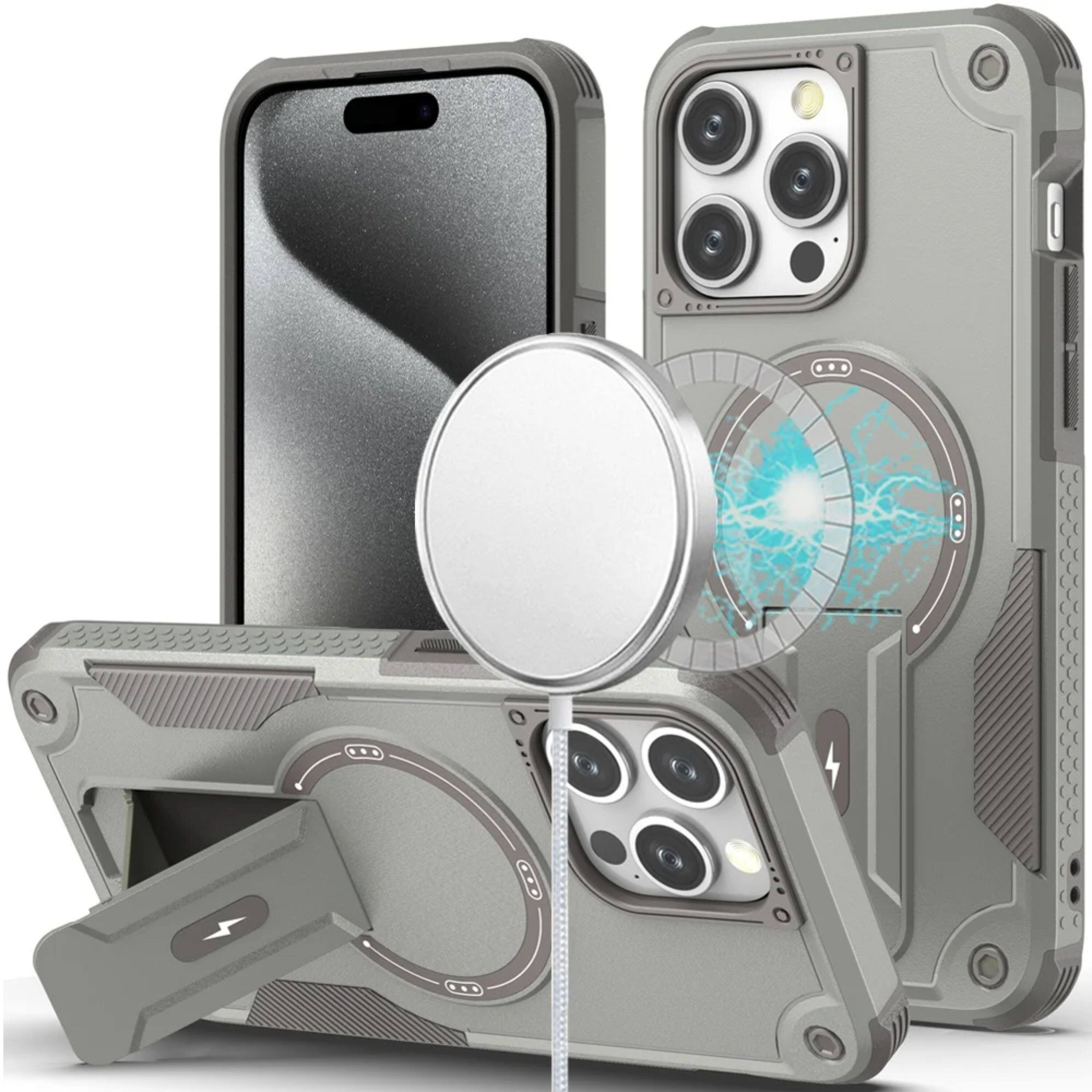 Kitcheniva - Rugged Magnetic Grip Stand Case With Tempered Glass For iPhone 15 Pro Max Grey - Gray price history on PriceWatchPro