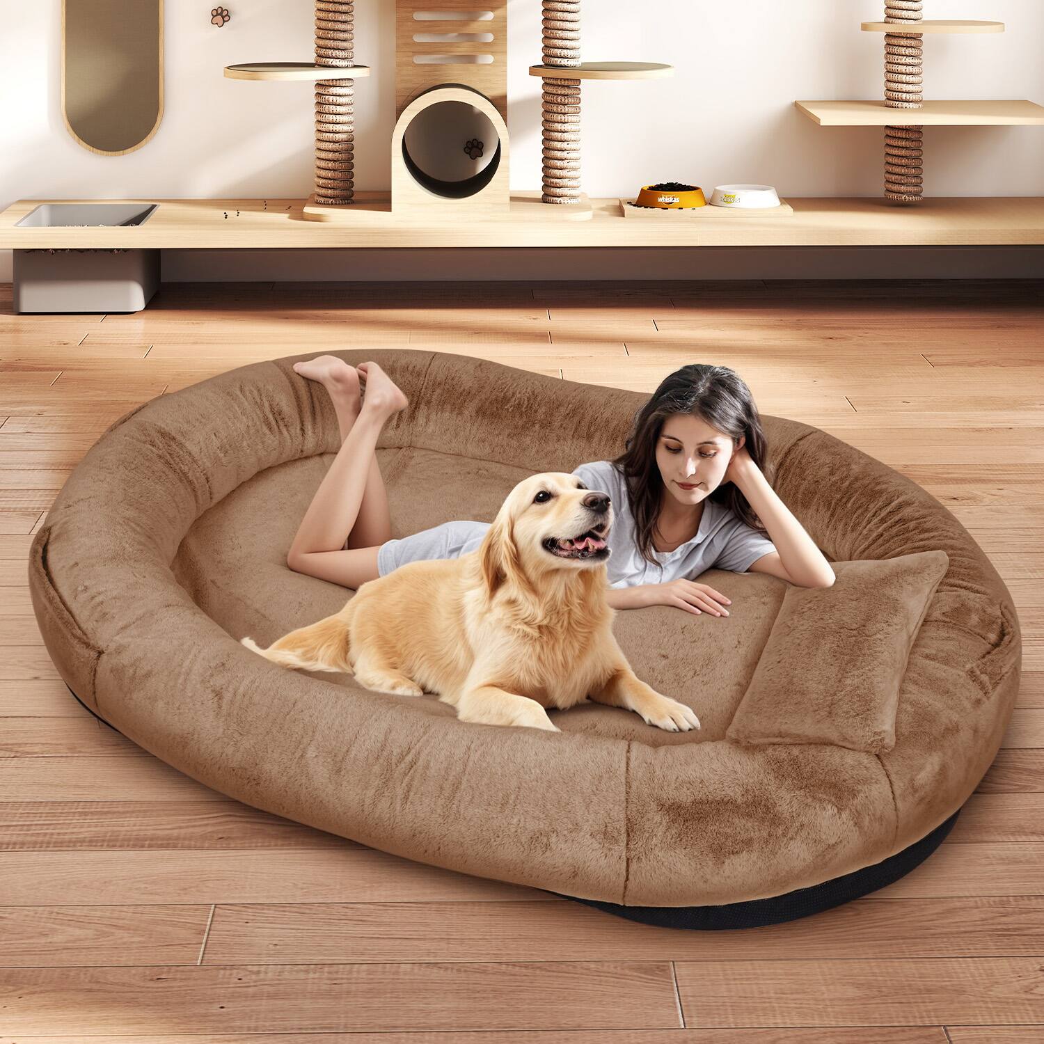 Angle. Furryfection - Oversize Faux Fur Human dog Bed with Pillow and Blanket - Brown.