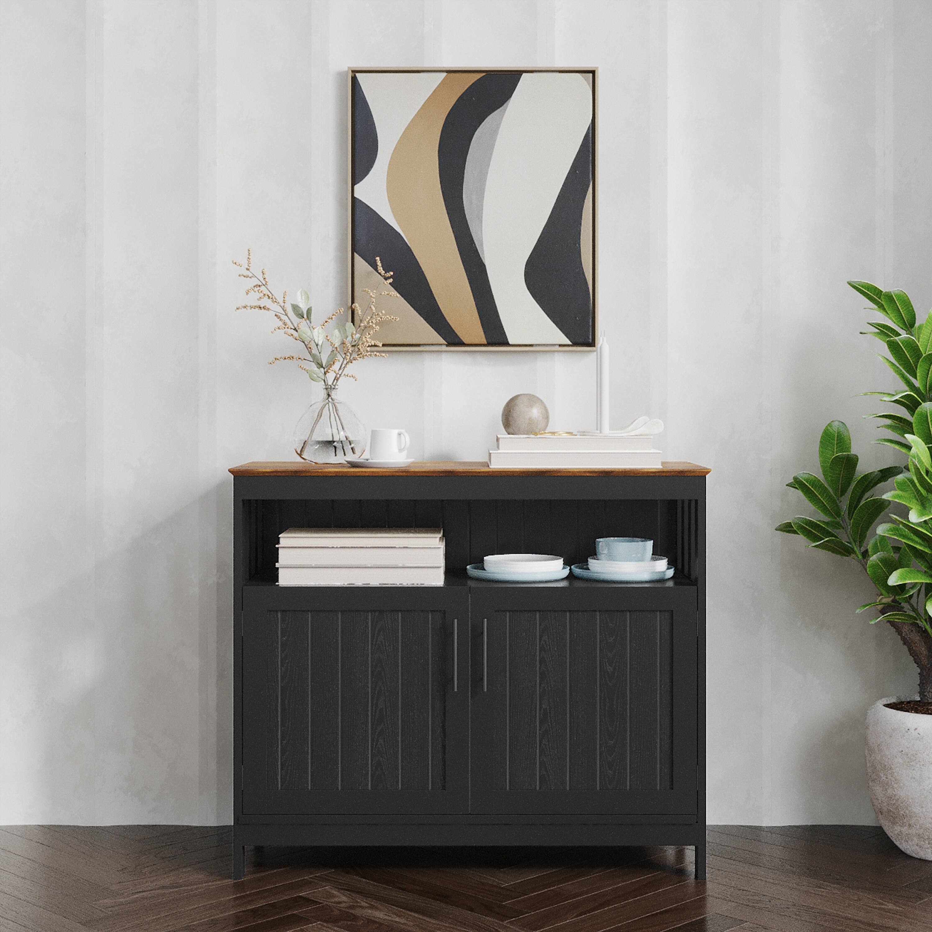 Front. Emma + Oliver - Shereen 40 Inch Buffet and Sideboard with Open Storage Shelf and Double Door Storage Cabinet - Walnut Top/Black Frame.