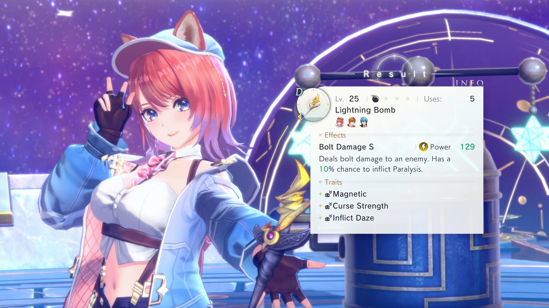 The text on the image is as follows:

"D Result: R e S u I t INFO Lv. 25 Uses: 5 Lightning Bomb Effects: Bolt Damage S 4 Power 129 Deals bolt damage to an enemy. Has a 10% chance to inflict Paralysis. Traits: Magnetic Curse Strength Inflict Daze B"

Corrected text:

"D Result: R e S u I t INFO Lv. 25 Uses: 5 Lightning Bomb Effects: Bolt Damage S 4 Power 129 Deals bolt damage to an enemy. Has a 10% chance to inflict Paralysis. Traits: Magnetic Curse Strength Inflict Daze B"