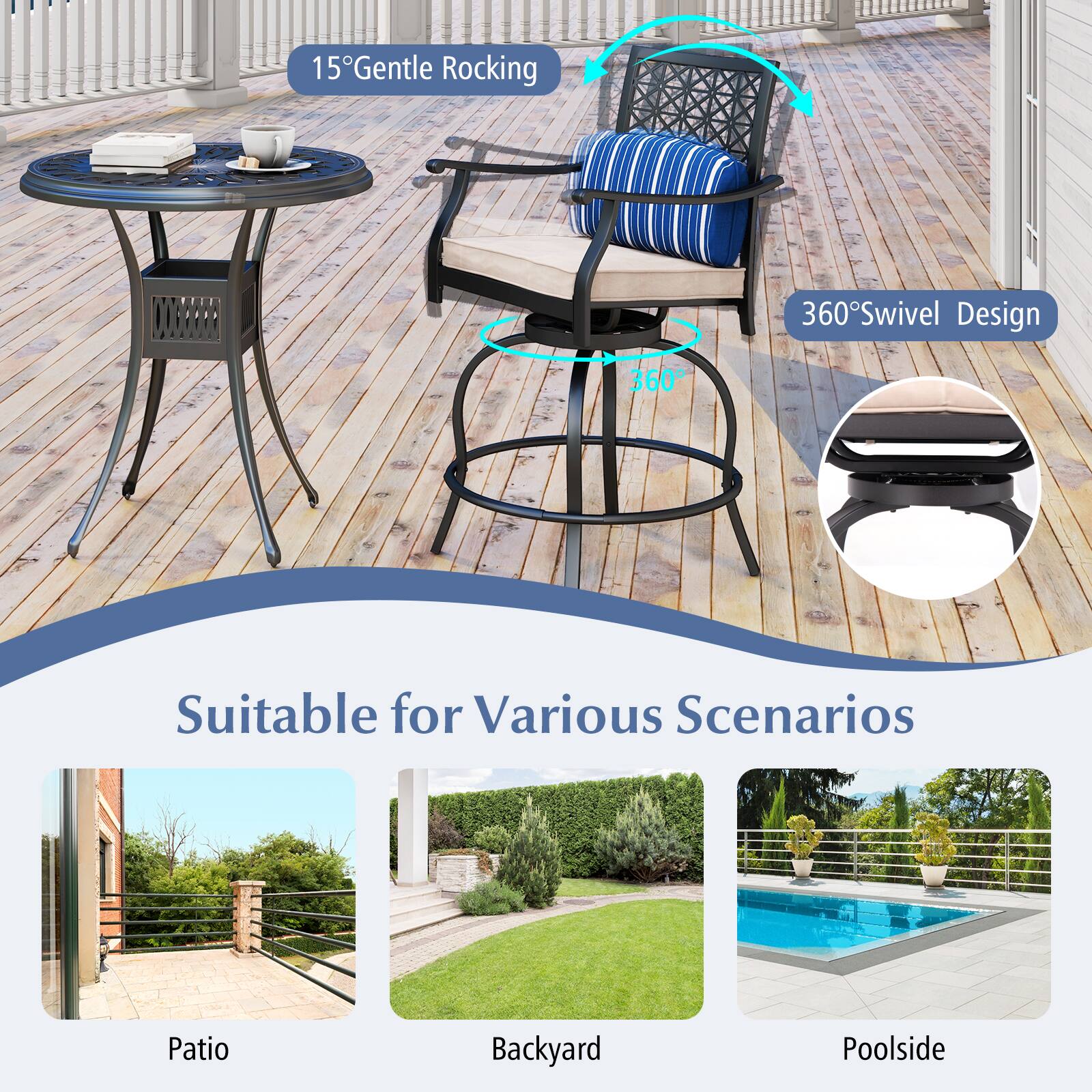 15° Gentle Rocking  
360° Swivel Design  
Suitable for Various Scenarios  
Patio  
Backyard  
Poolside
