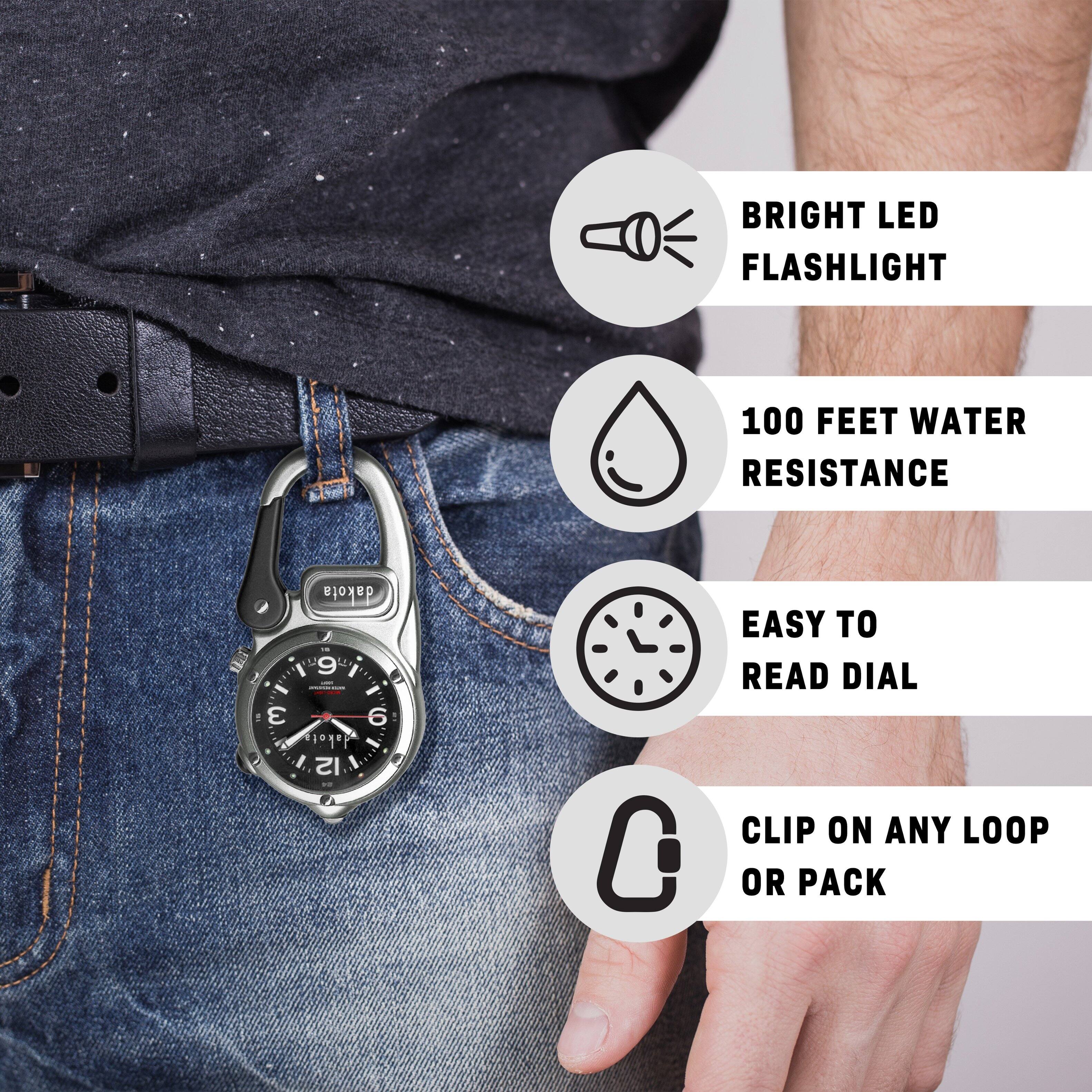 BRIGHT LED FLASHLIGHT  
100 FEET WATER RESISTANCE  
EASY TO READ DIAL  
CLIP ON ANY LOOP OR PACK