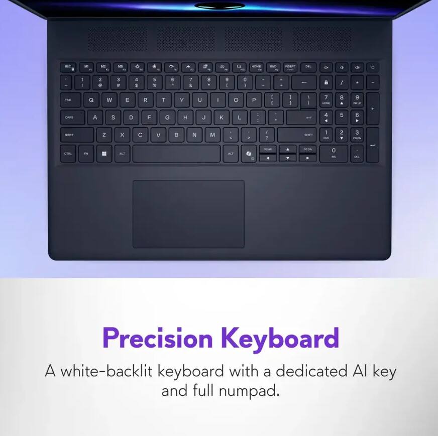 Precision Keyboard  
A white-backlit keyboard with a dedicated AI key and full numpad.