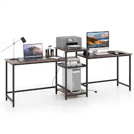 Costway - 97 Inch Two Person Desk Double Computer Desk with Power Outlets Printer Stand - Brown