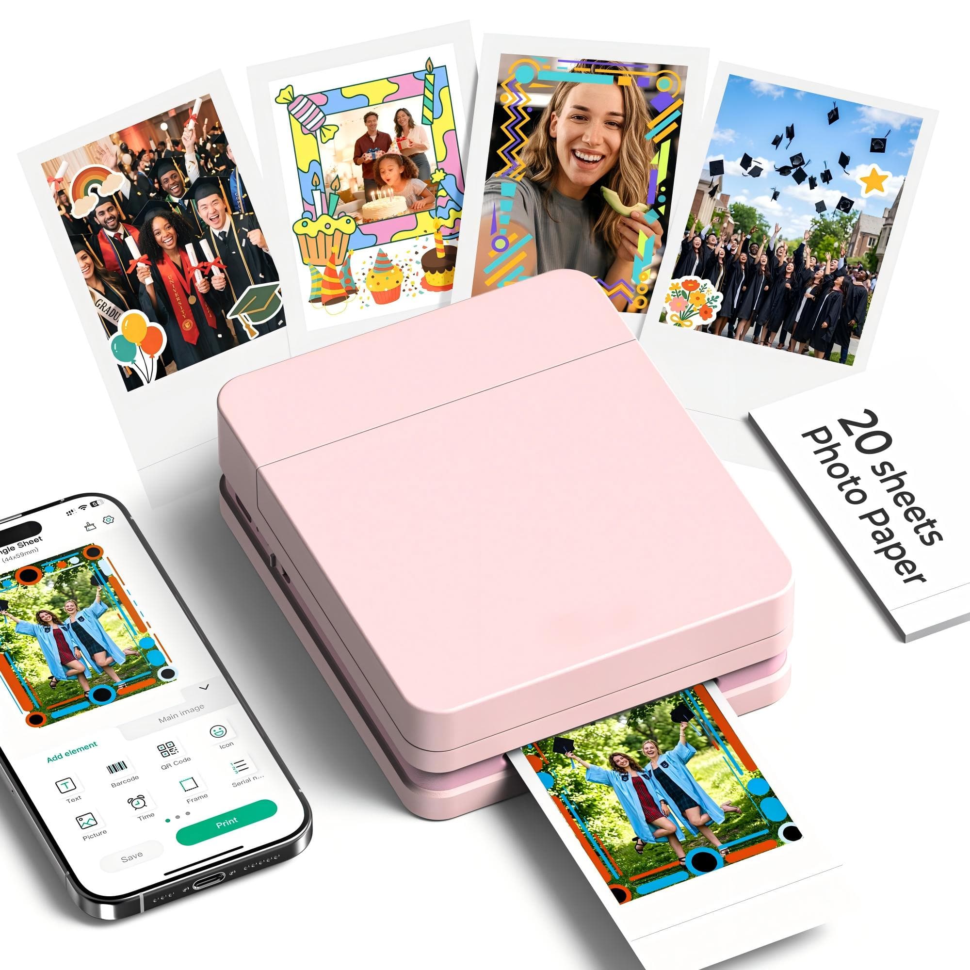 PRIMEPLUS - Portable Wireless 2x3 Mini Photo Printer, Sticky-Back Bluetooth for iOS/Android & App - Pink