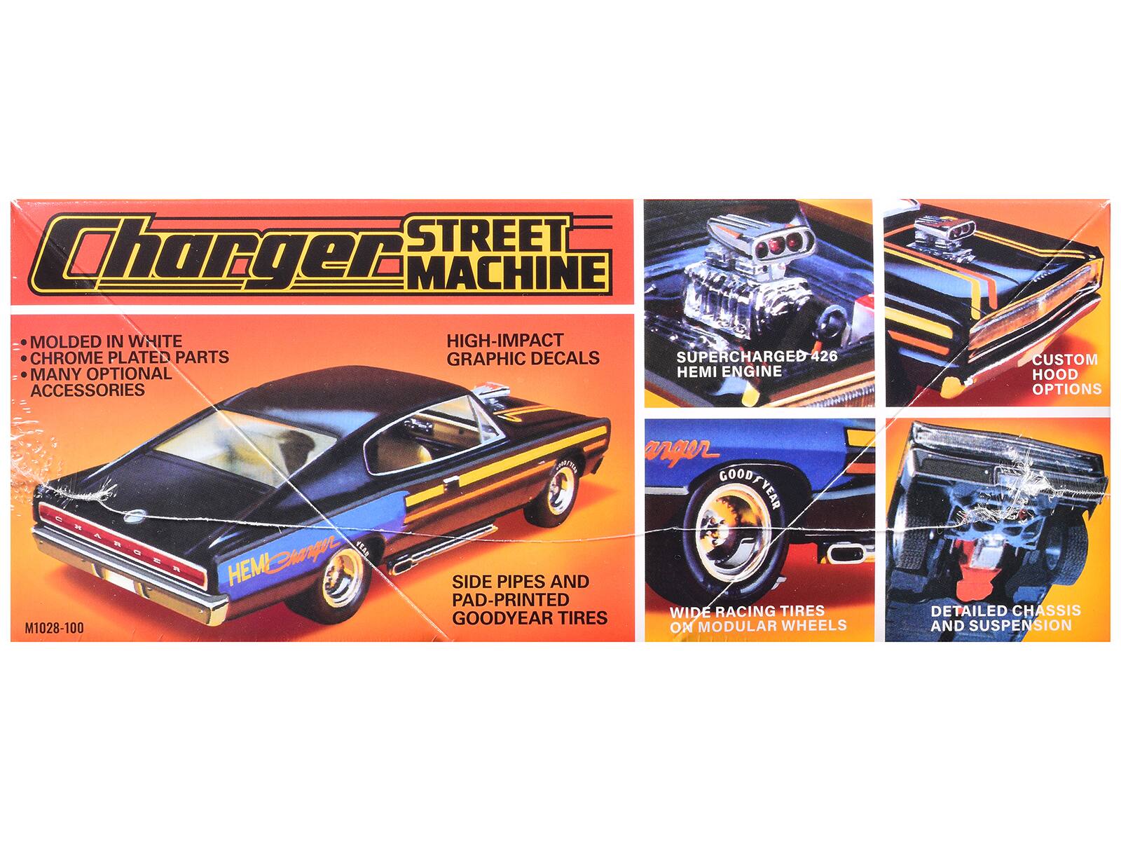 STREET Charger MACHINE  
MOLDED IN WHITE  
HIGH-IMPACT  
CHROME PLATED PARTS  
GRAPHIC DECALS  
SUPERCHARGED 426  
MANY OPTIONAL HEMI ENGINE ACCESSORIES  

AAT anger  
GOODFYEAR  
GOODT CHANOER  
HEMPHgu  
HEML hanqur  

SIDE PIPES AND PAD-PRINTED  
WIDE RACING TIRES  
GOODYEAR TIRES  
M1028-100 ON MODULAR WHEELS  
CUSTOM HOOD OPTIONS  
DETAILED CHASSIS AND SUSPENSION