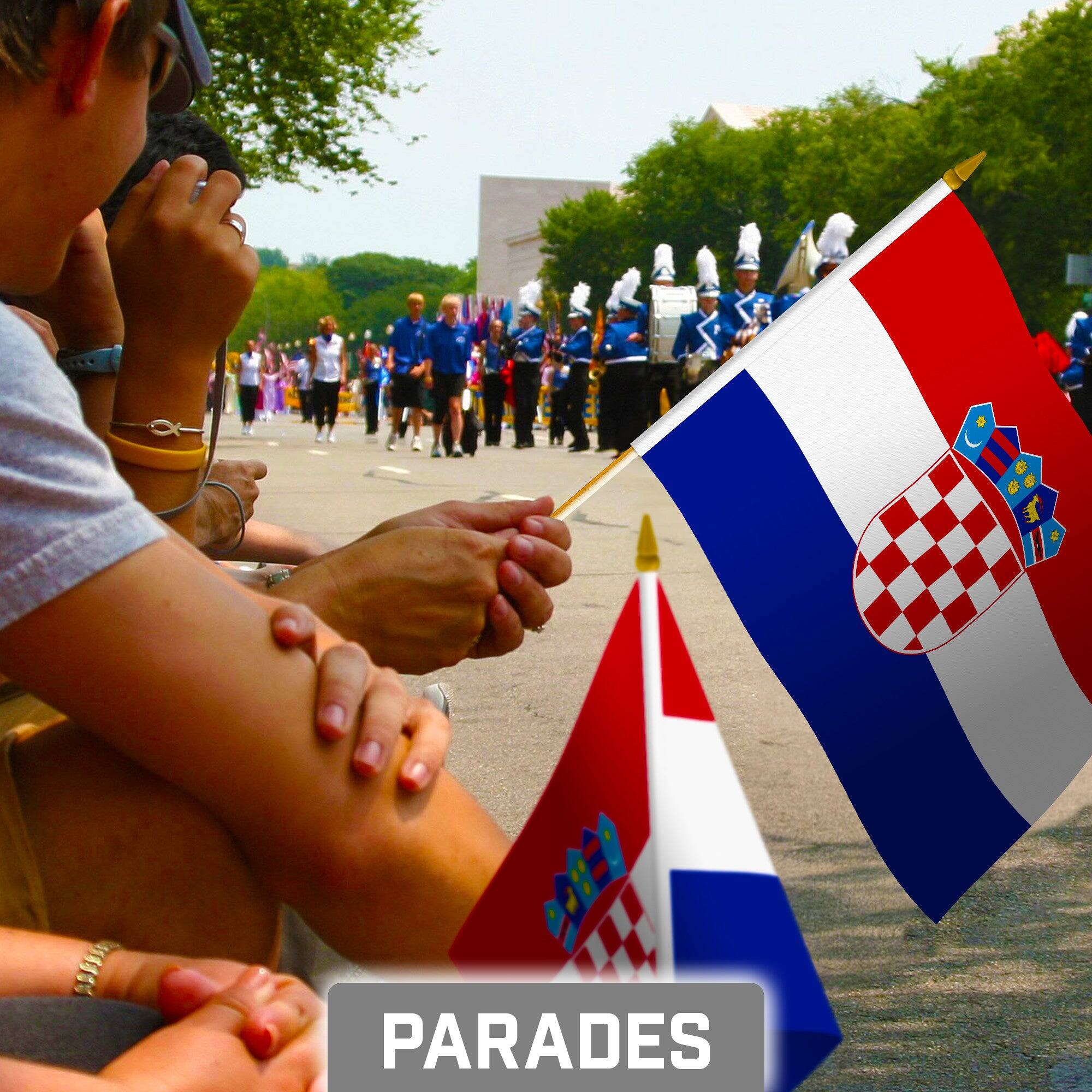 Alt View 1. G128 - 24-Pack Handheld Croatia Flag Stick Flags, 8" x 12", 150D Polyester with Wooden Stick and Gold Spear. - Assorted Colors.