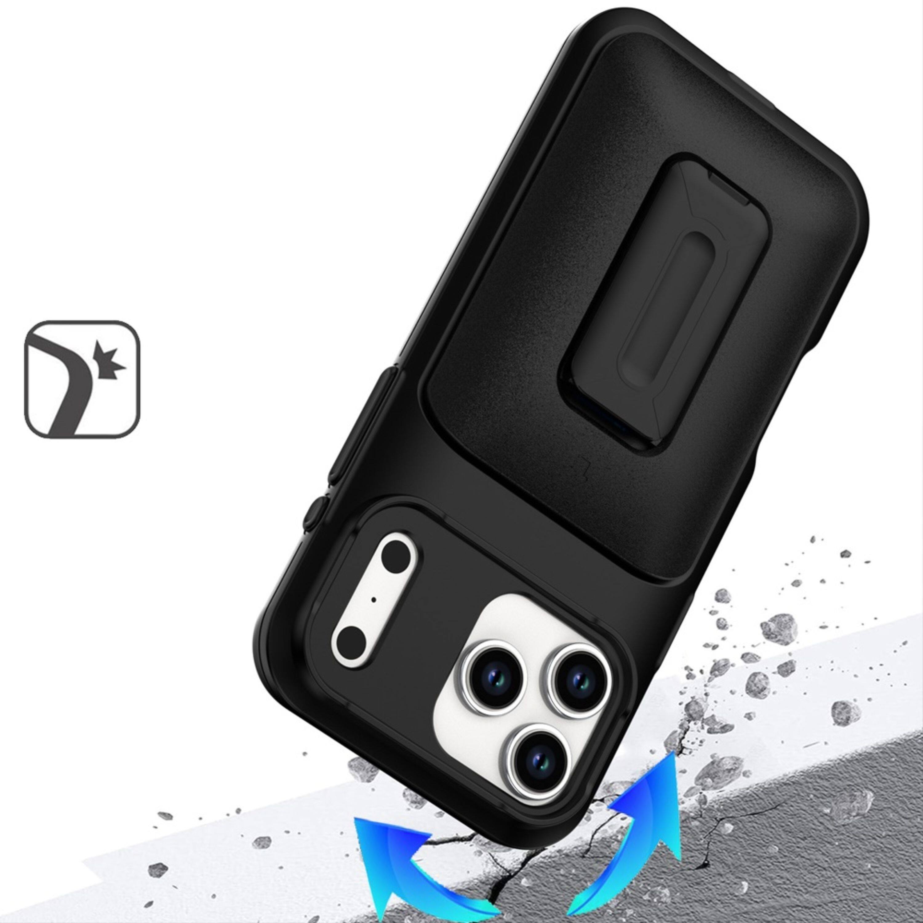 Angle. Kitcheniva - Matte Finish Phone Case With Card Holder Kickstand Strap Tempered Glass For iPhone 17 Pro Max Black - Black.