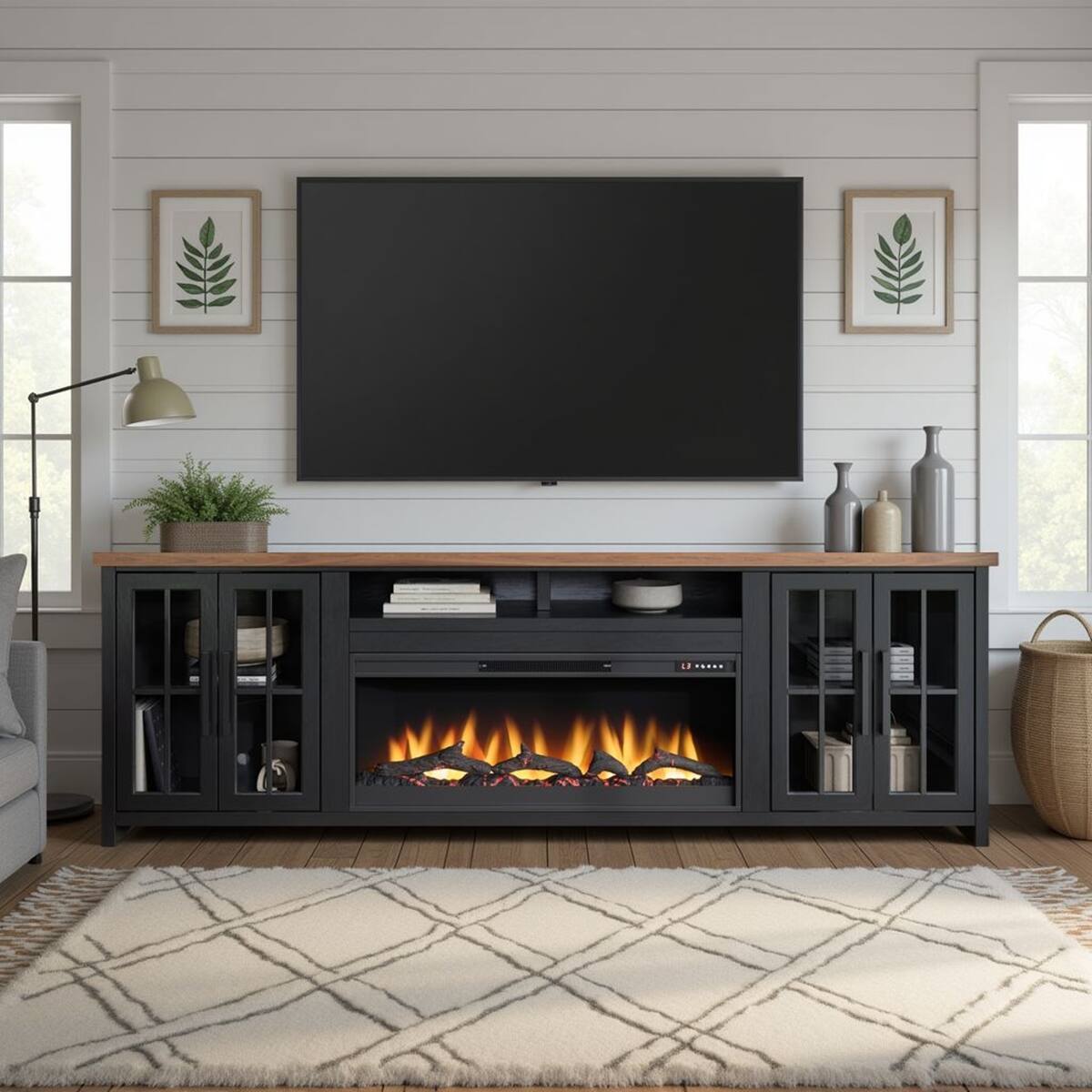 Alt View 2. Loheer - Loheer 97 inch farmhouse fireplace tv stand for 100 inch tv Black - Black.