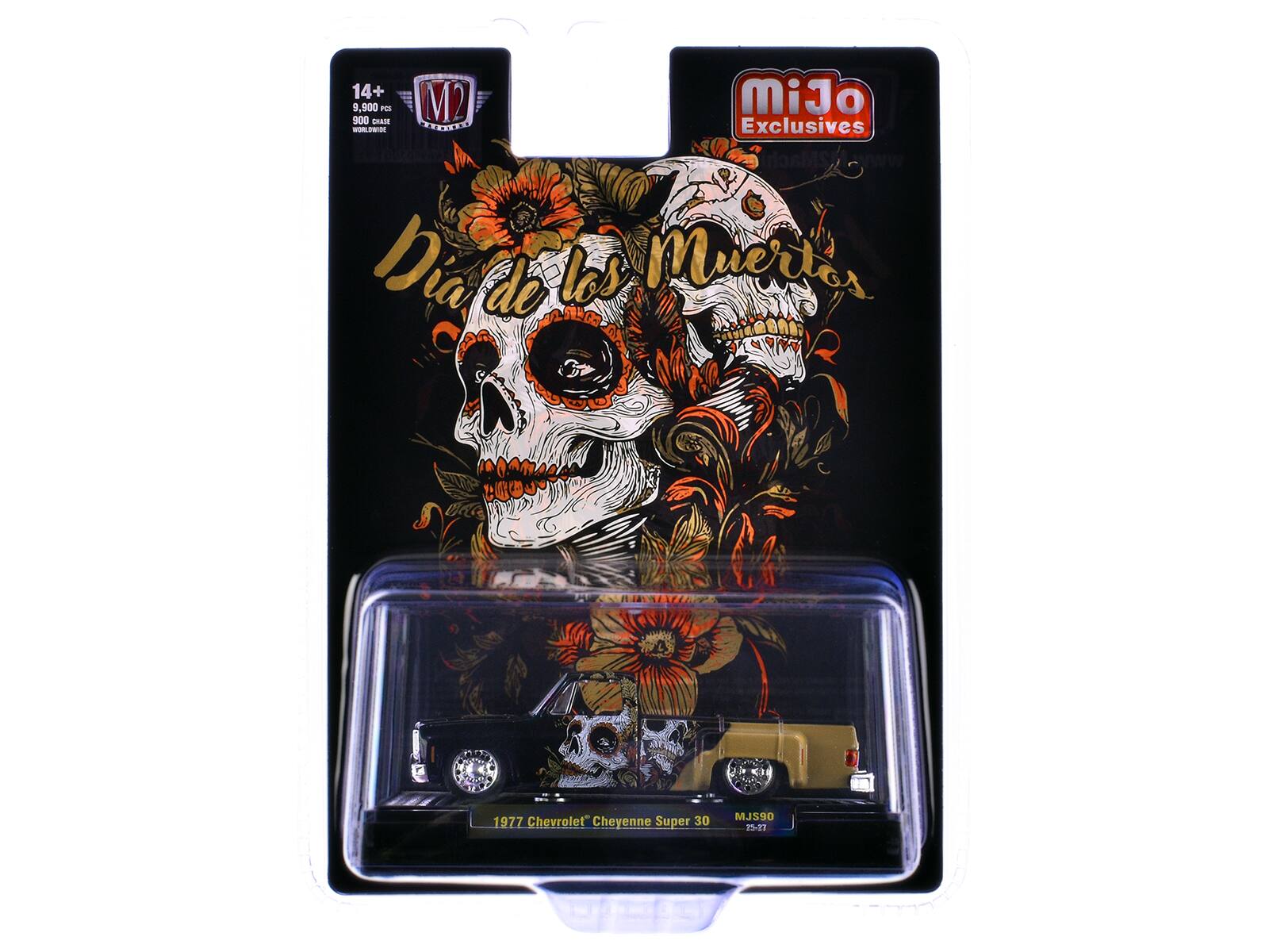 14+  
9,900 pcs  
900 chase  
300 chase  
M2 Machi  
MiJo Exclusives  
Día de los Muertos  
1977 Chevrolet Cheyenne Super 30  
MJS90  
25-27