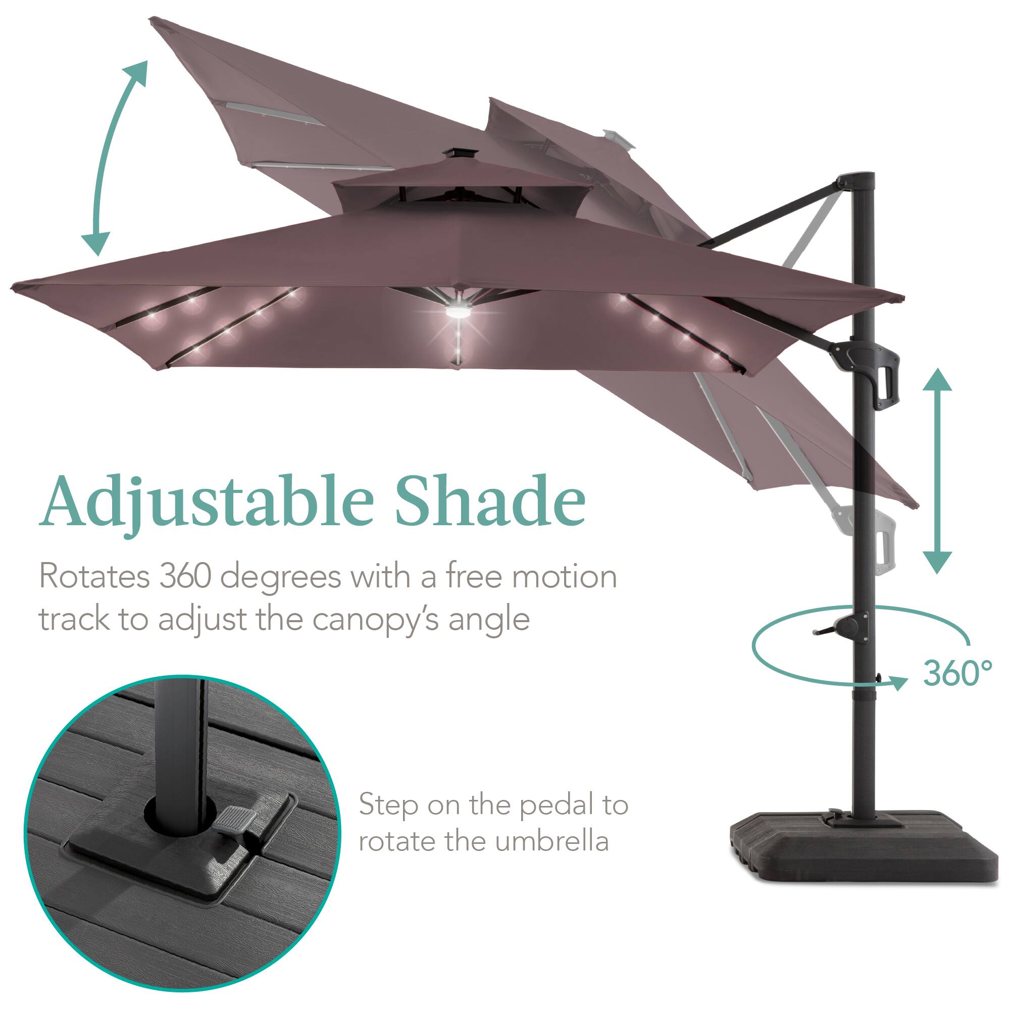 Adjustable Shade  
Rotates 360 degrees with a free motion track to adjust the canopy's angle  

Step on the pedal to rotate the umbrella