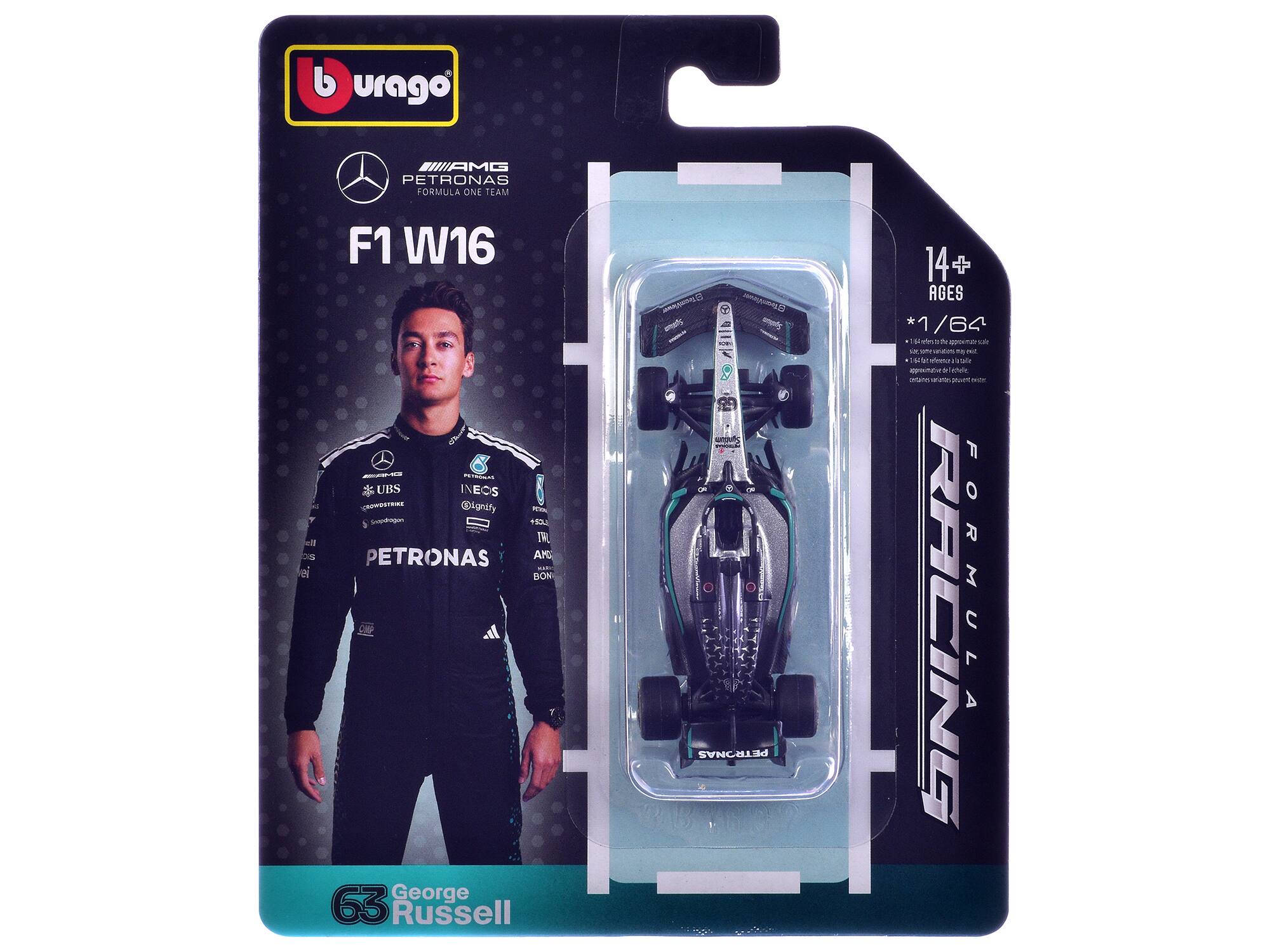 burago AMG PETRONAS FORMULA ONE TEAM F1 W16  
UBS INECS HRETS  
@lignify FI Snran 5  
TA DS PETRONAS  
63 Russell  
14+ AGES  
1/64  
wirs a e umAr sE  
ae N maa  
ve a saie an  
le mnamn  
urn M NUP RACING FORMULA