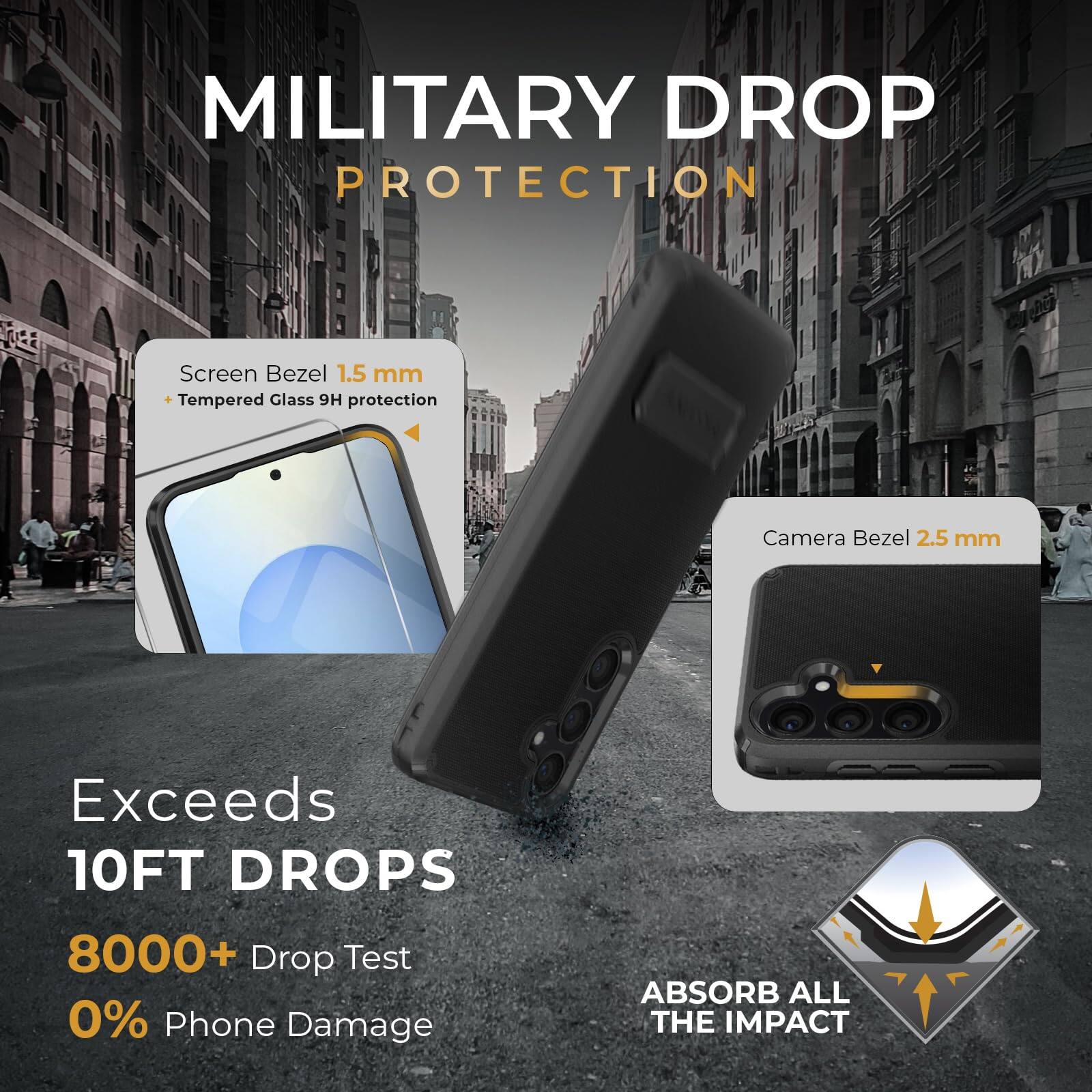 MILITARY DROP PROTECTION

Screen Bezel 1.5 mm  
* Tempered Glass 9H protection

Camera Bezel 2.5 mm

Exceeds 10FT DROPS  
8000+ Drop Test  
0% Phone Damage

ABSORB ALL THE IMPACT