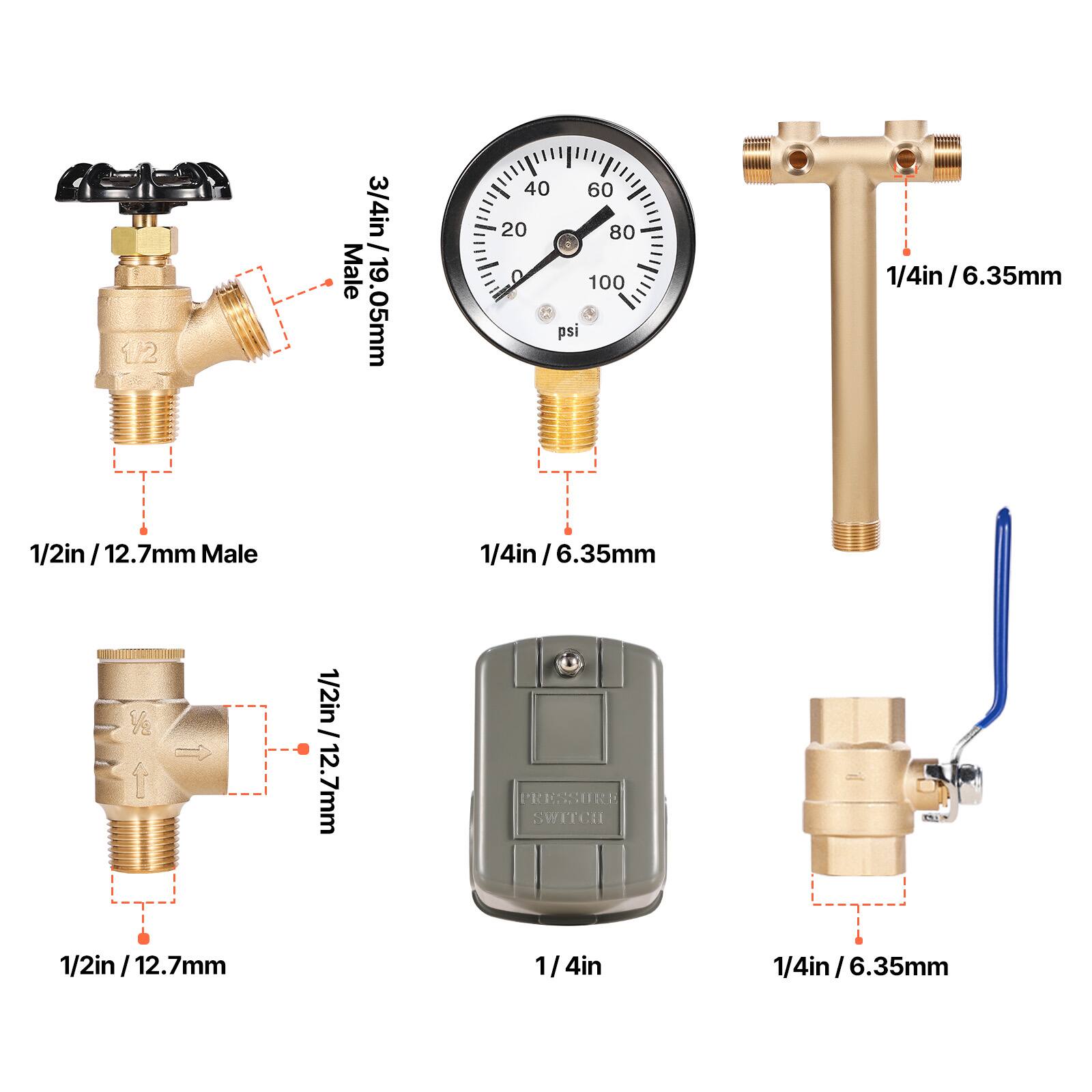 U2 3/4in I Male 19.05mm 40 60 20 80 0 100 psi 1/4in 1/4in/6.35mm 1/2in 1/2in/12.7mm Male 1/4in/6.35mm 1/4in / 1/2in / 12.7mm PRESSURE SWITCH 1/2in/12.7mm I 1/4in 1/4in/6.35mm 1/4in
