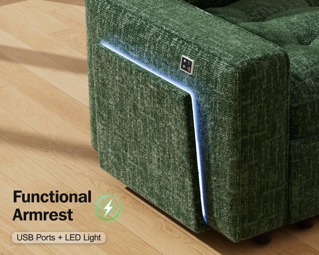 Functional Armrest  
USB Ports + LED Light