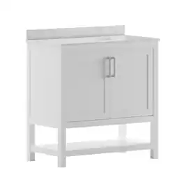 Flash Furniture - Vega 36 Inch Bathroom Vanity with Sink Combo, Storage Cabinet with Soft Close Doors and Open Shelf, Carrara Marble Finis - White