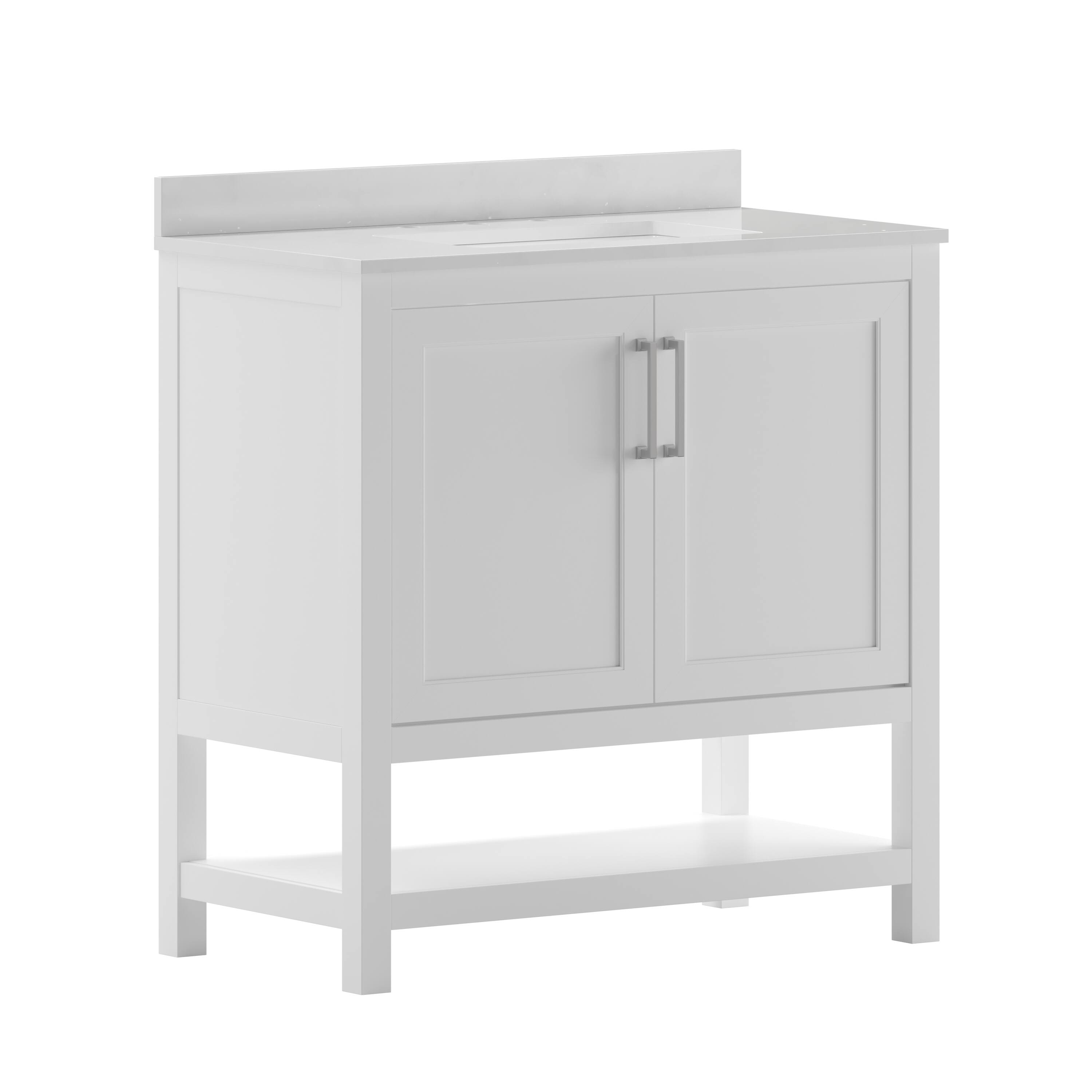 Flash Furniture - Vega 36 Inch Bathroom Vanity with Sink Combo, Storage Cabinet with Soft Close Doors and Open Shelf, Carrara Marble Finis - White