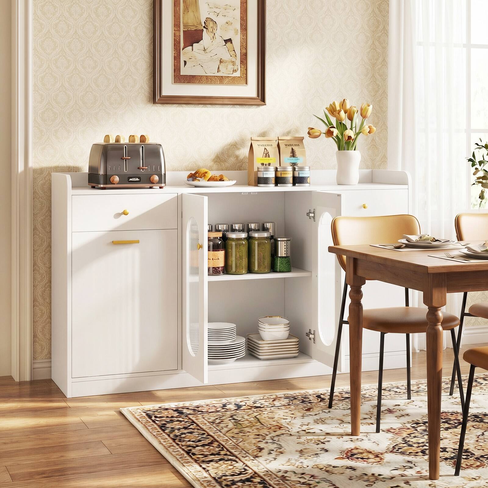 Alt View 3. Costway - Costway 55" Large Buffet Cabinet with 2 Glass Doors, 2 Drawers, 2 Door Shelves for Kitchen - White.