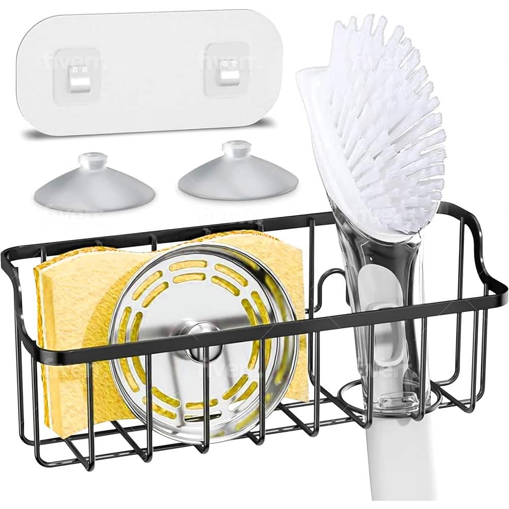 PARKER SLATER - Sink Caddy & Sponge Holder – 2-in-1 Organizer, Stainless Steel, Suction Cups, Matte Black