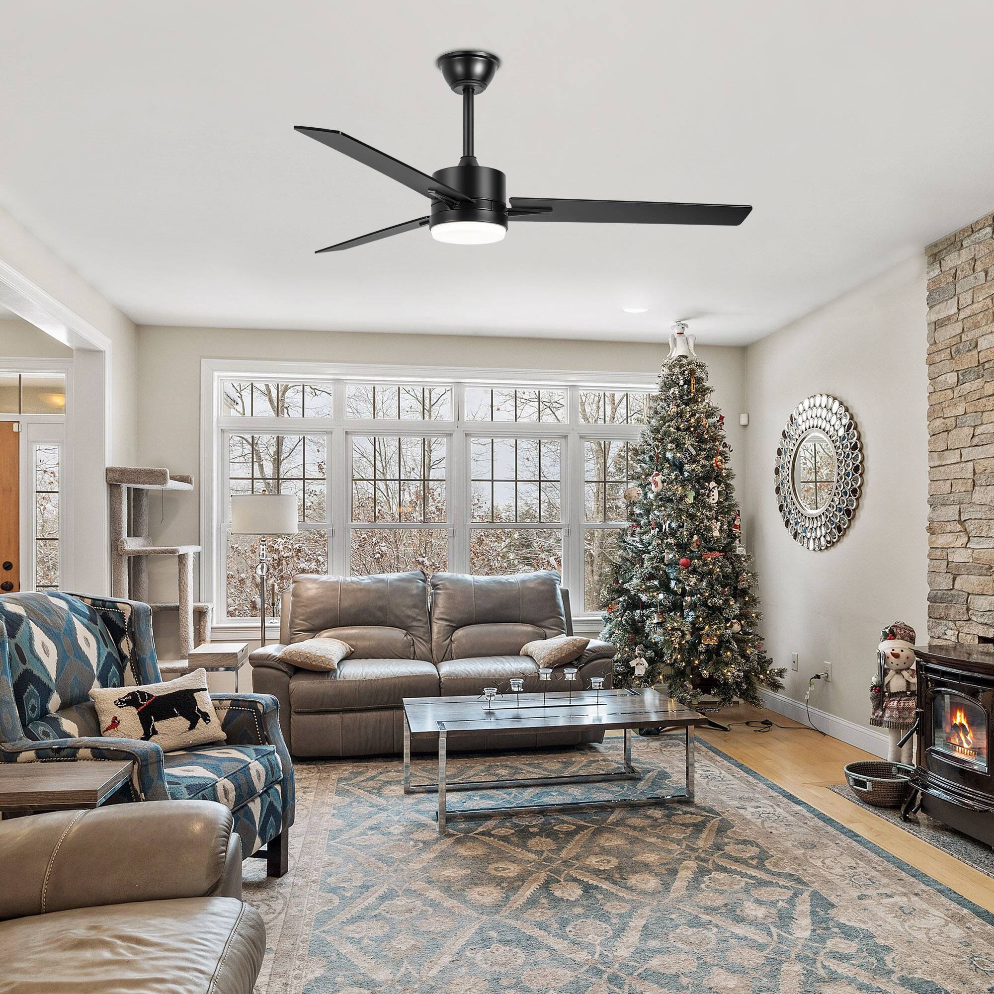Back. Breezary - 52" Ceiling Fan with 3 Dual-Finish Blades, 3-Color Light, 6-Speed DC Motor, Remote Control with Timer & Memory - Matte Black and Dark Wood Grain.