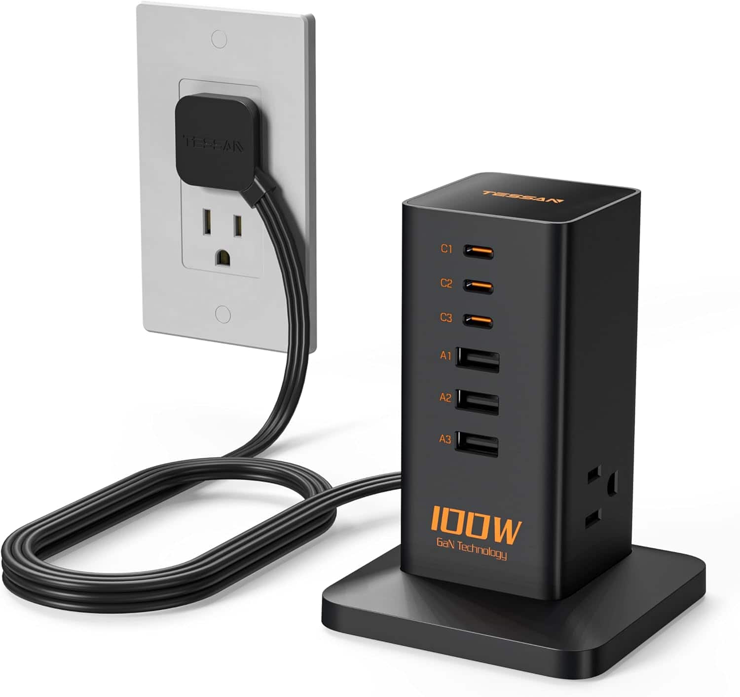 TESSAN - GaN 100W 3 Outlets/3-USB-C/3-USB-A Tower Power Strip Charging Station - Frosted Black