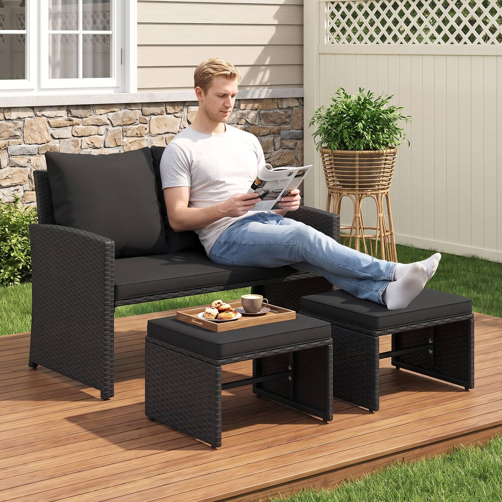 Alt View 3. Costway - Costway Outdoor Loveseat with Ottomans, 3 Pieces Patio PE Wicker Furniture Set with Cushions - Black + Black.