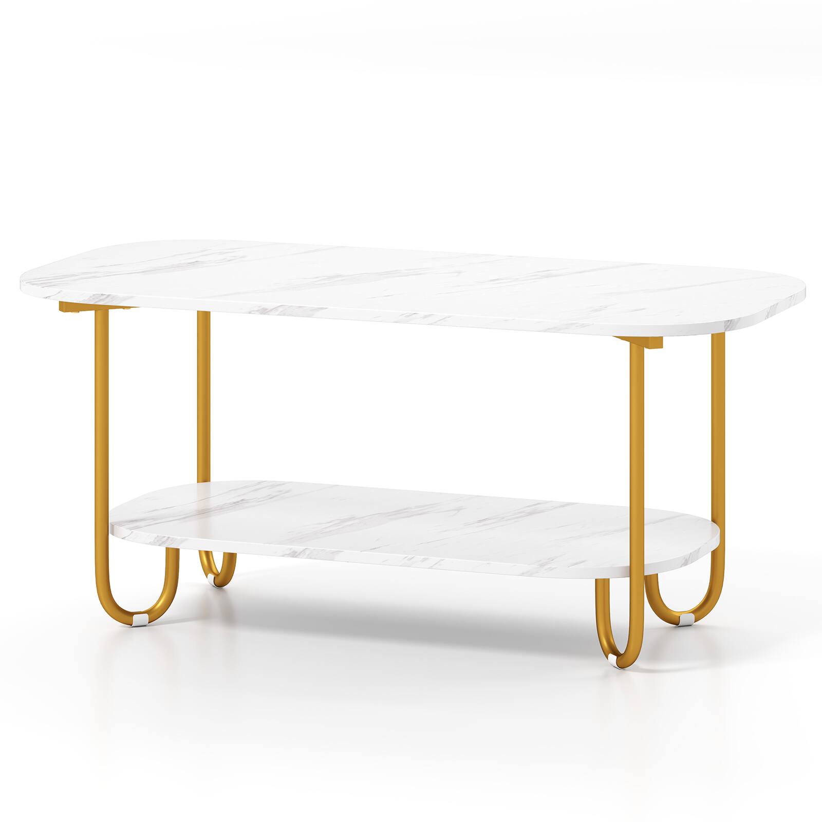 Alt View 9. Gymax - Gymax Faux Marble Top Coffee Table w/Metal Frame Rounded Corners & Storage Shelf - White.