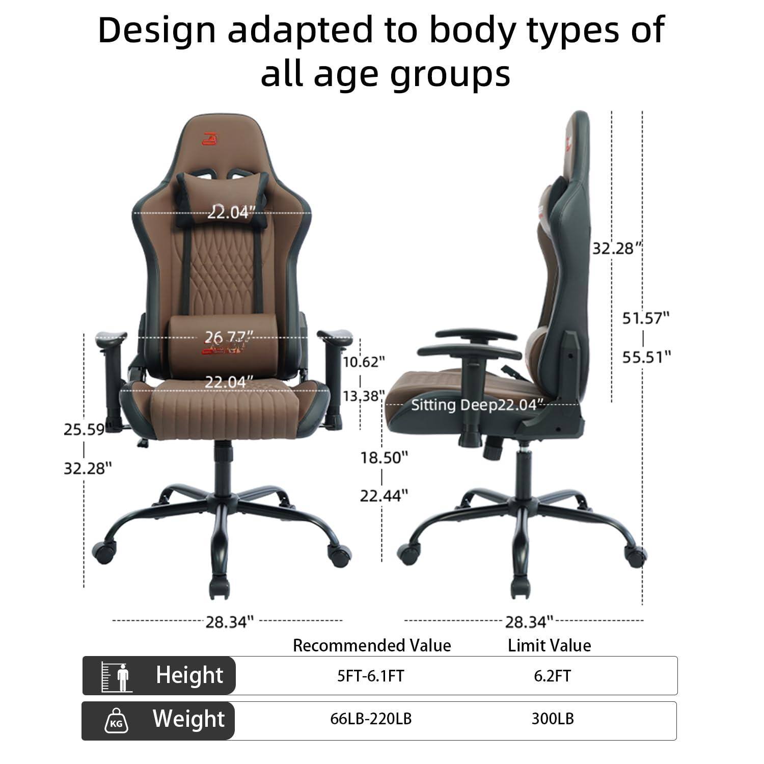 Design adapted to body types of all age groups

- 22.04"
- 25.59"
- 26.72"
- 10.62"
- 13.38"
- 22.04"
- 18.50"
- 22.44"
- 32.28"
- 51.57"
- 55.51"
- 28.34"
- 28.34"

Recommended Value
- Height: 5FT-6.1FT
- Weight: 66LB-220LB

Limit Value
- Height: 6.2FT
- Weight: 300LB